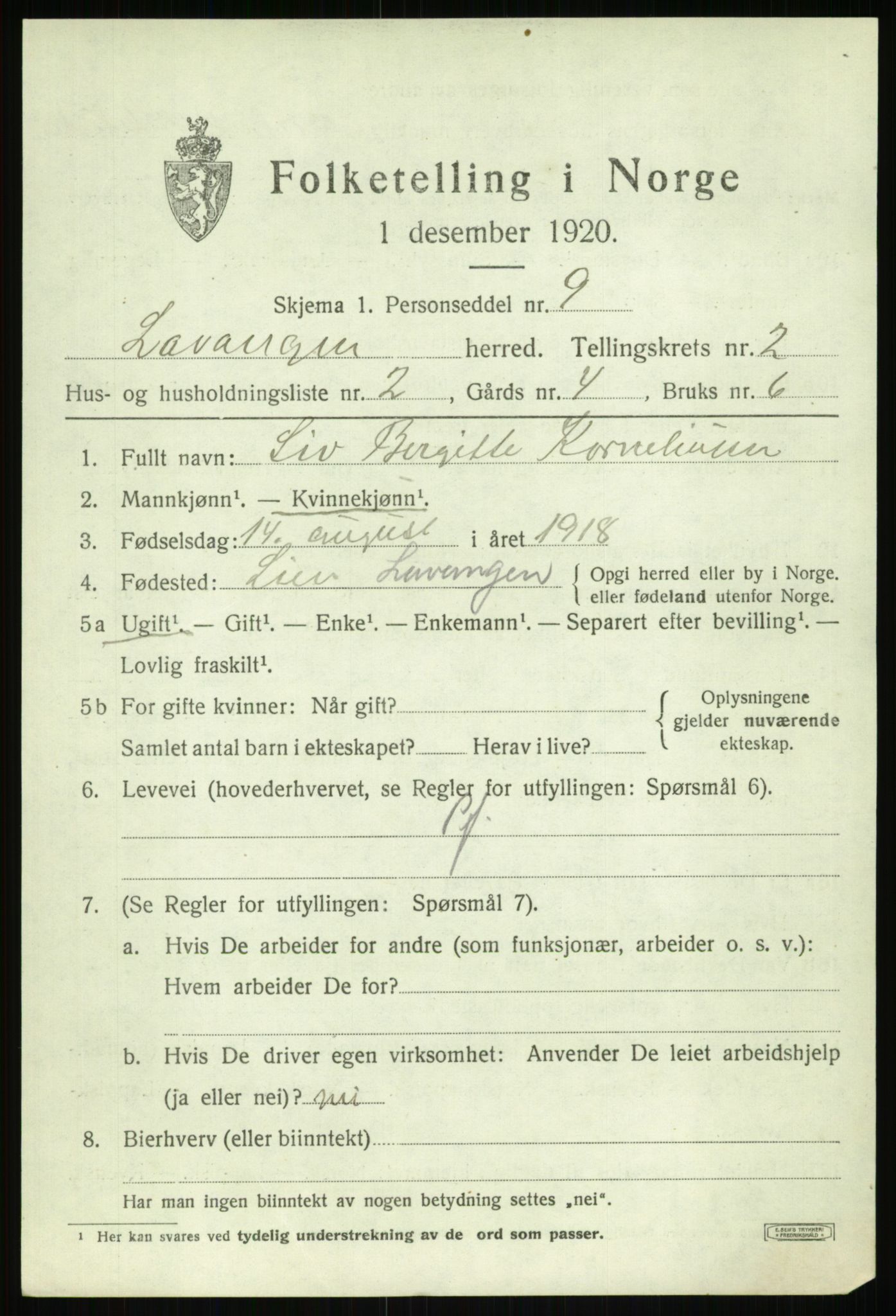 SATØ, 1920 census for Lavangen, 1920, p. 959