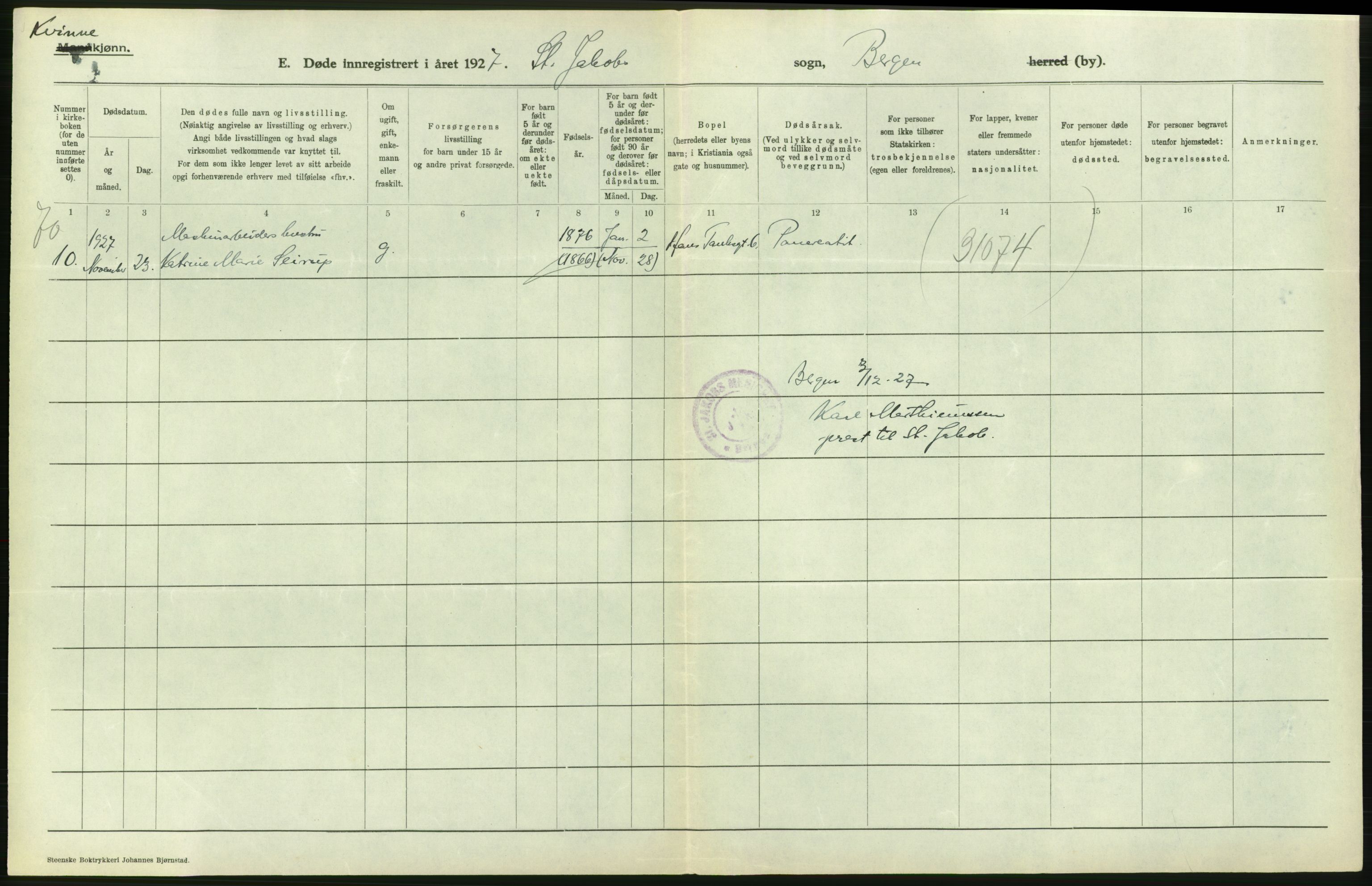 Statistisk sentralbyrå, Sosiodemografiske emner, Befolkning, RA/S-2228/D/Df/Dfc/Dfcg/L0028: Bergen: Gifte, døde., 1927, p. 492