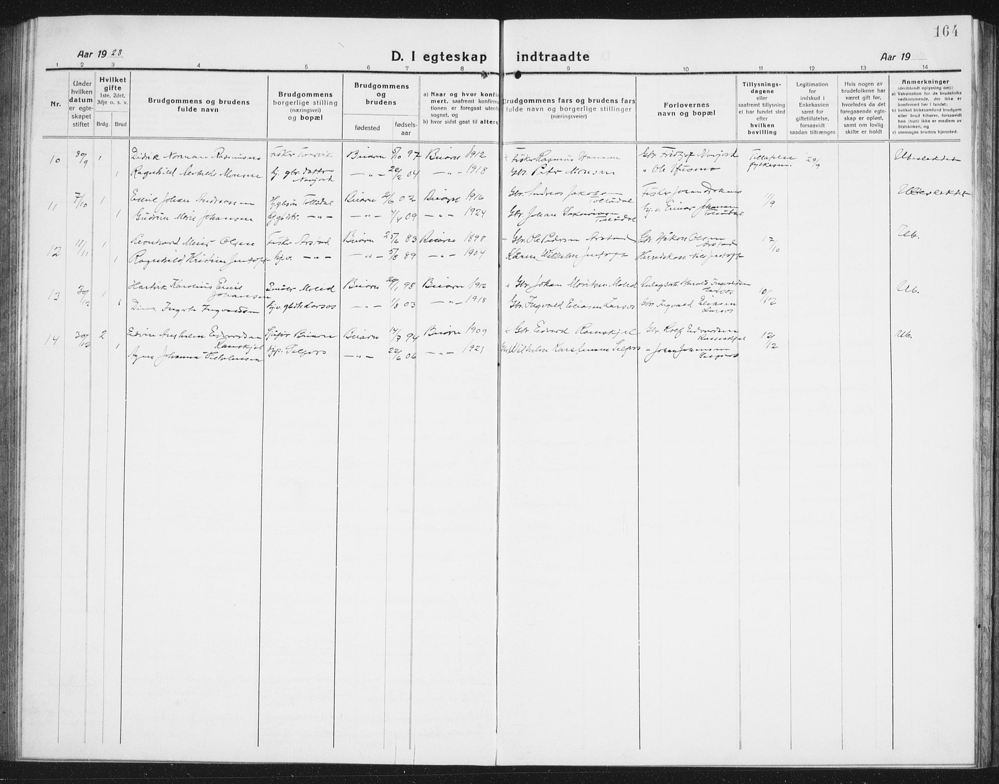 Ministerialprotokoller, klokkerbøker og fødselsregistre - Nordland, AV/SAT-A-1459/846/L0656: Parish register (copy) no. 846C06, 1917-1936, p. 164