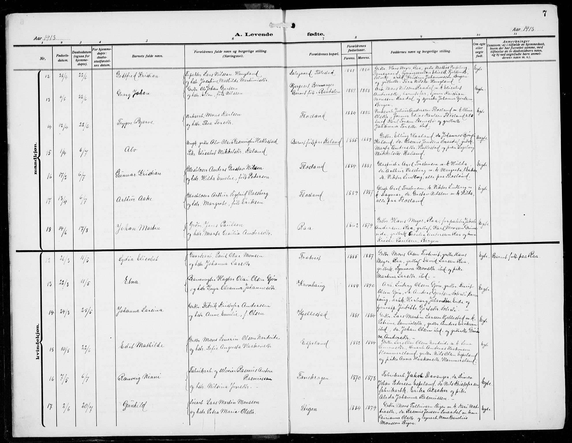 Fana Sokneprestembete, AV/SAB-A-75101/H/Hab/Haba/L0005: Parish register (copy) no. A 5, 1911-1932, p. 7