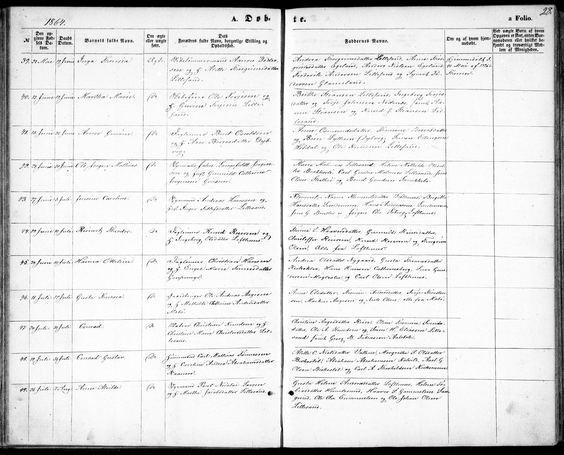 Vestre Moland sokneprestkontor, AV/SAK-1111-0046/F/Fb/Fbb/L0004: Parish register (copy) no. B 4, 1861-1872, p. 28