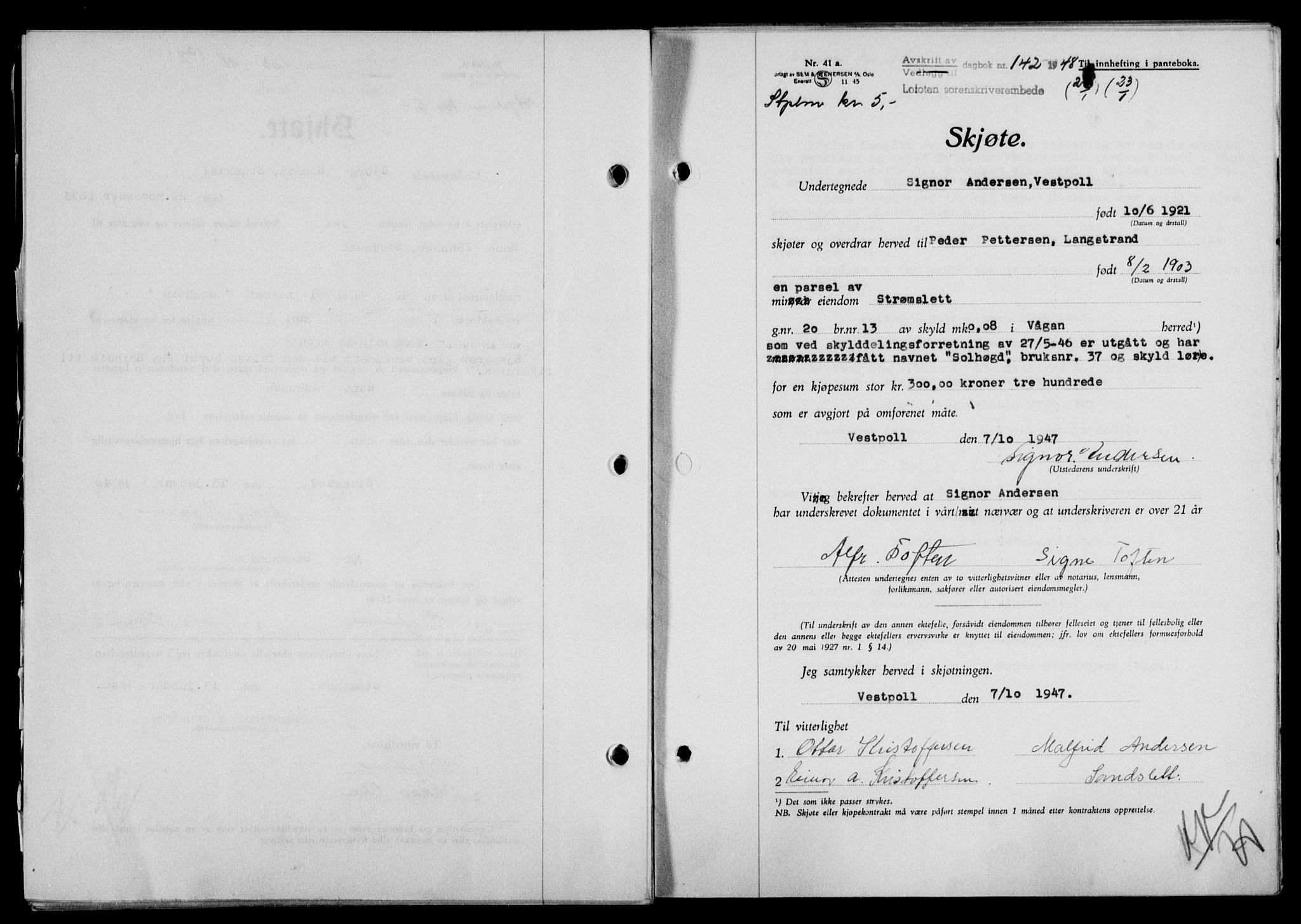 Lofoten sorenskriveri, SAT/A-0017/1/2/2C/L0017a: Mortgage book no. 17a, 1947-1948, Diary no: : 142/1948