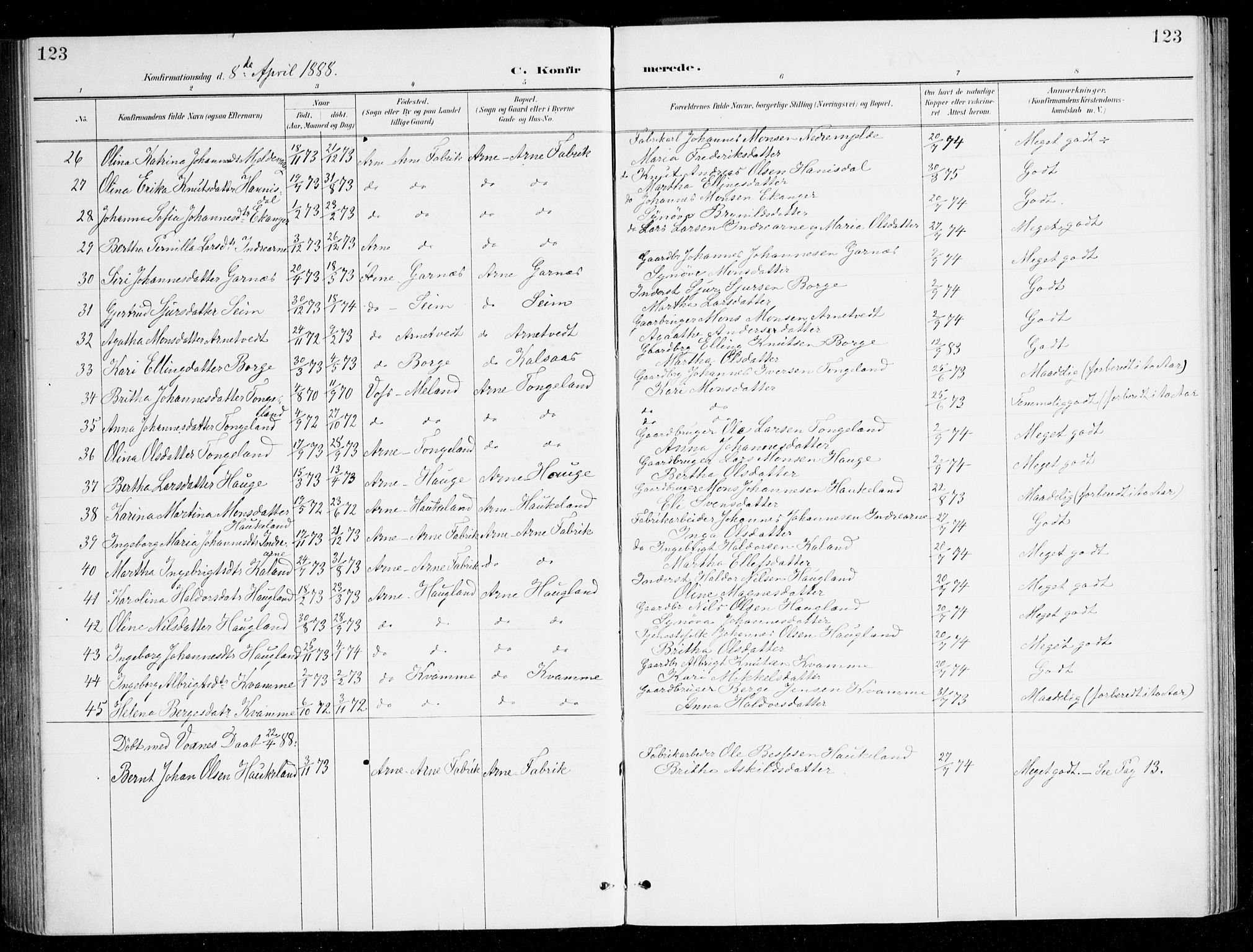 Haus sokneprestembete, AV/SAB-A-75601/H/Haa/Haad/L0001: Parish register (official) no. D 1, 1887-1898, p. 123