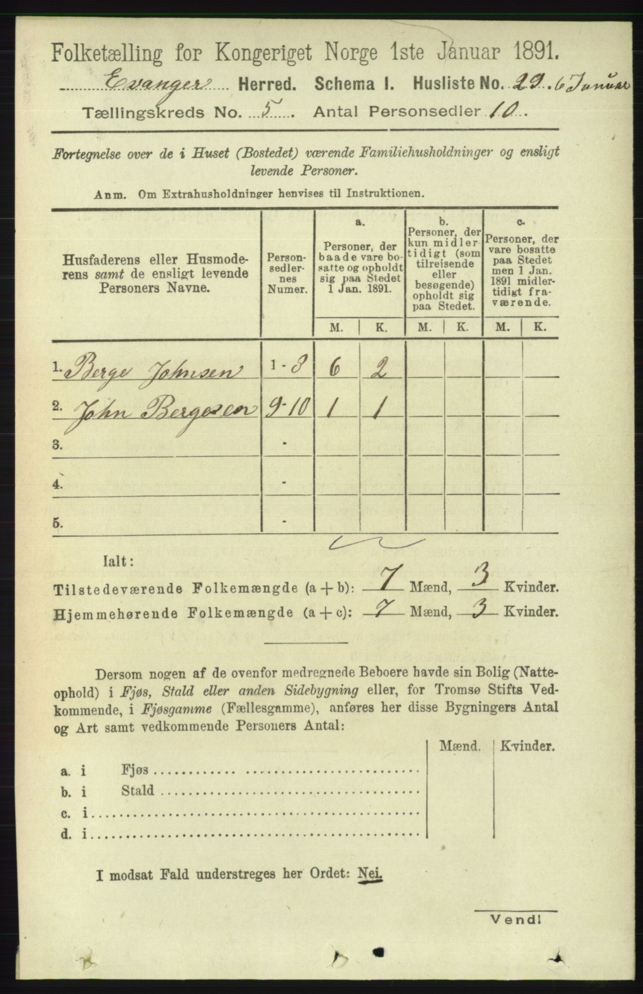 RA, 1891 census for 1237 Evanger, 1891, p. 1387