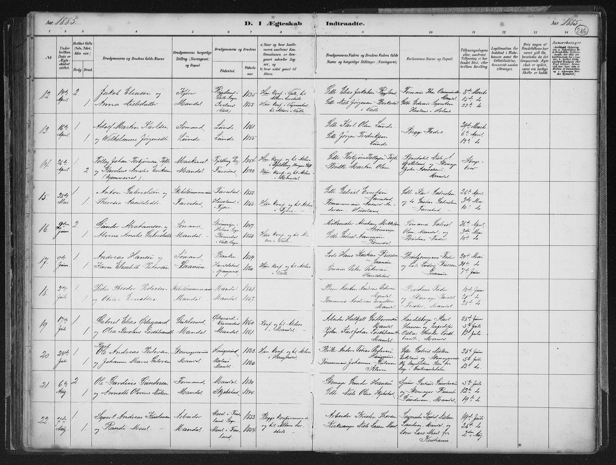 Mandal sokneprestkontor, AV/SAK-1111-0030/F/Fb/Fba/L0011: Parish register (copy) no. B 5, 1880-1898, p. 286