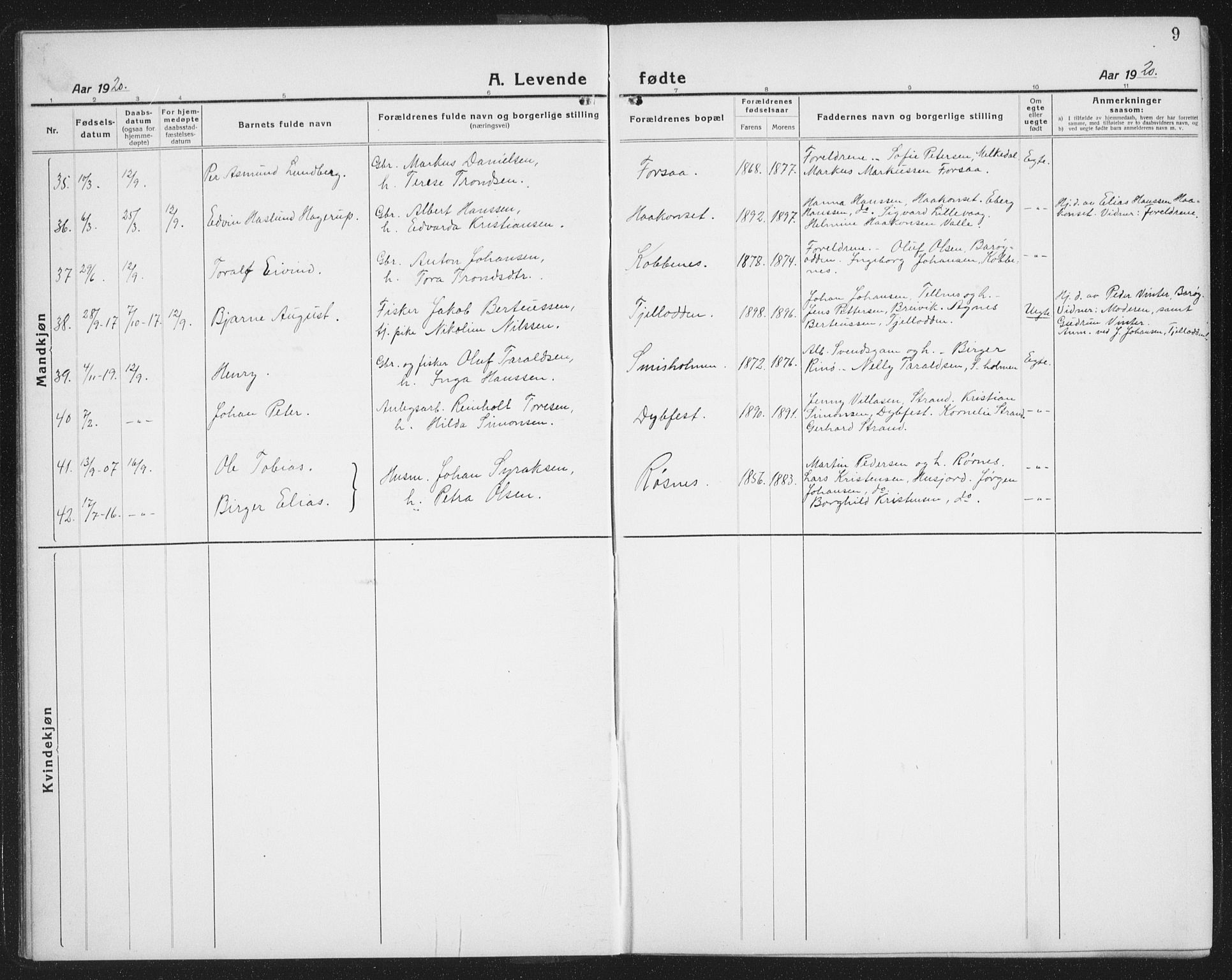 Ministerialprotokoller, klokkerbøker og fødselsregistre - Nordland, AV/SAT-A-1459/872/L1049: Parish register (copy) no. 872C05, 1920-1938, p. 9