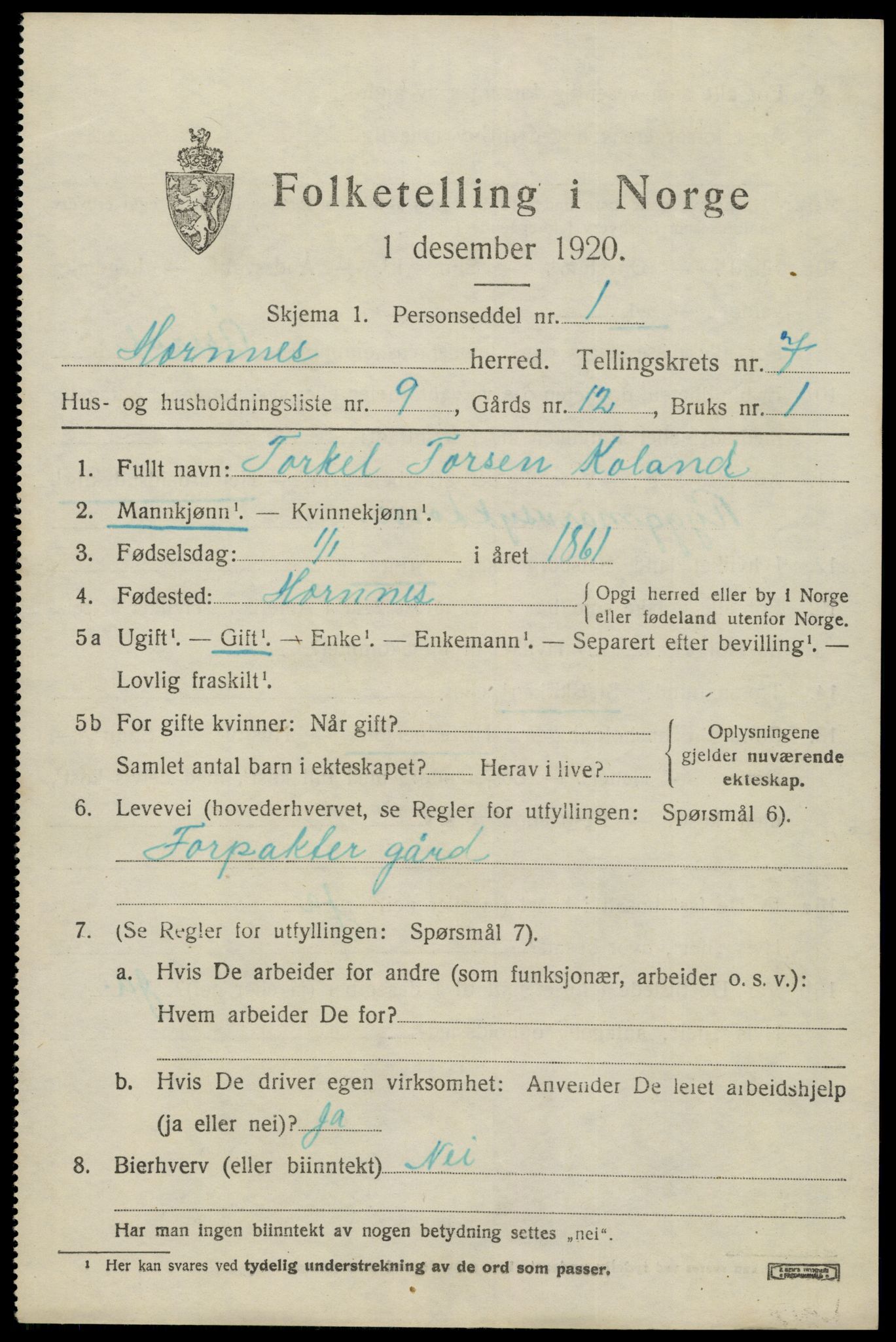 SAK, 1920 census for Hornnes, 1920, p. 1747