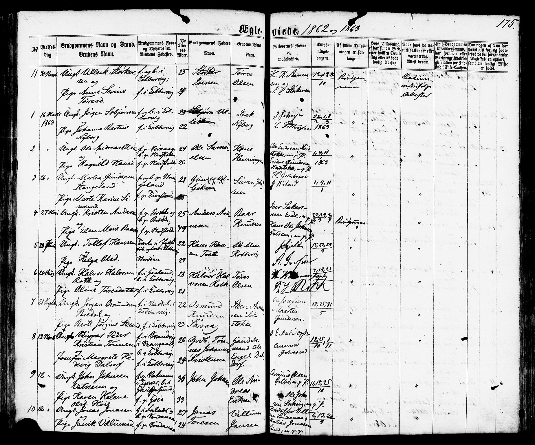 Avaldsnes sokneprestkontor, SAST/A -101851/H/Ha/Haa/L0011: Parish register (official) no. A 11, 1861-1880, p. 175
