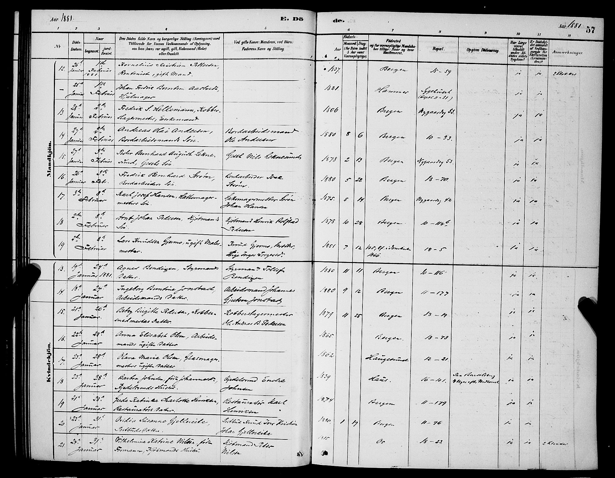 Domkirken sokneprestembete, SAB/A-74801/H/Hab/L0041: Parish register (copy) no. E 5, 1878-1900, p. 57