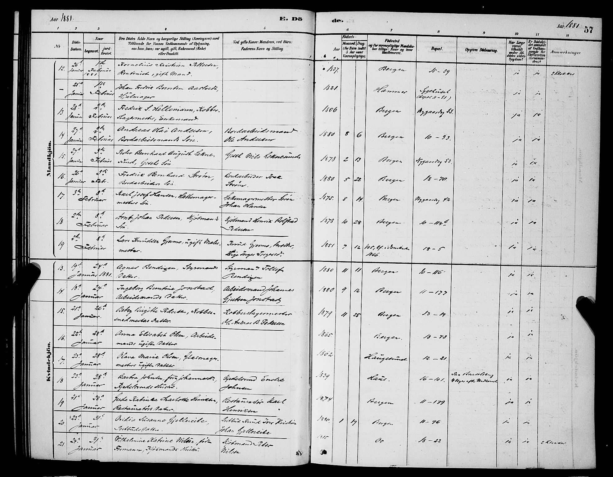 Domkirken sokneprestembete, AV/SAB-A-74801/H/Hab/L0041: Parish register (copy) no. E 5, 1878-1900, p. 57