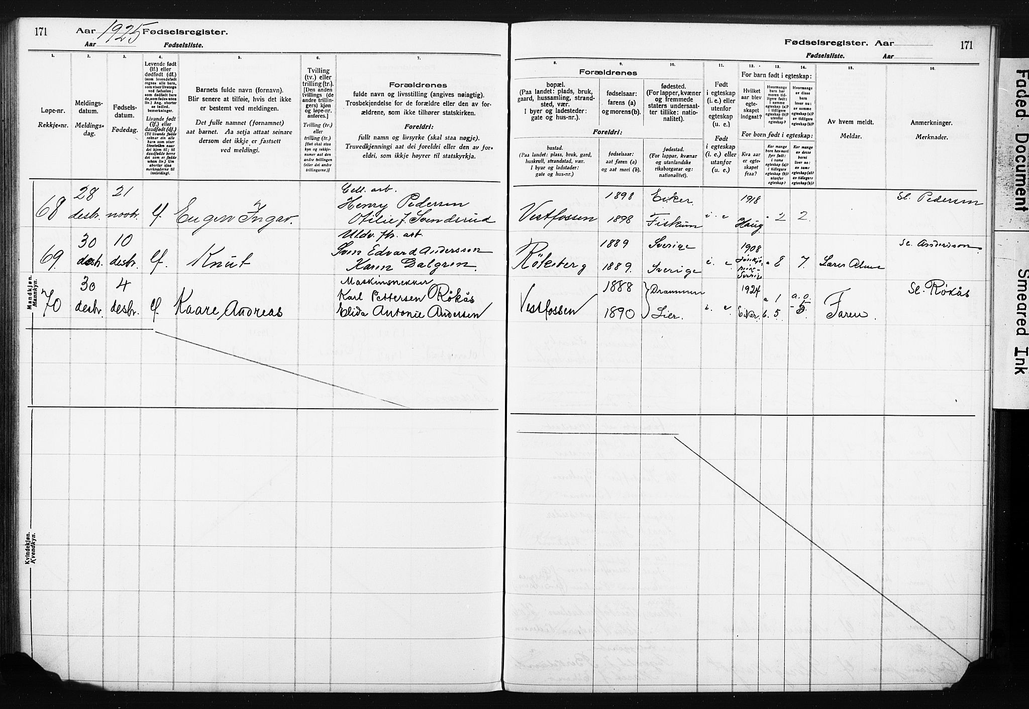 Eiker kirkebøker, SAKO/A-4/J/Ja/L0001: Birth register no. 1, 1916-1927, p. 171