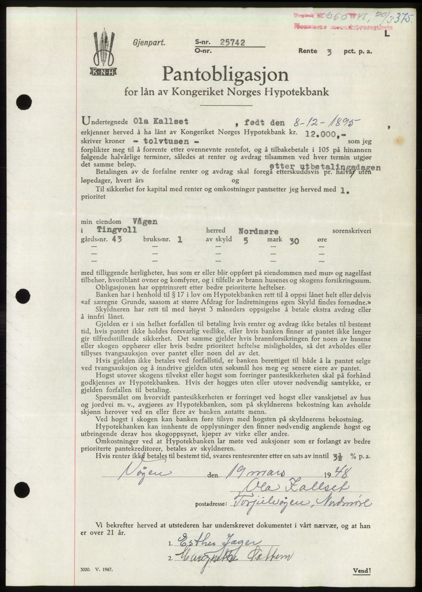 Nordmøre sorenskriveri, AV/SAT-A-4132/1/2/2Ca: Mortgage book no. B98, 1948-1948, Diary no: : 650/1948