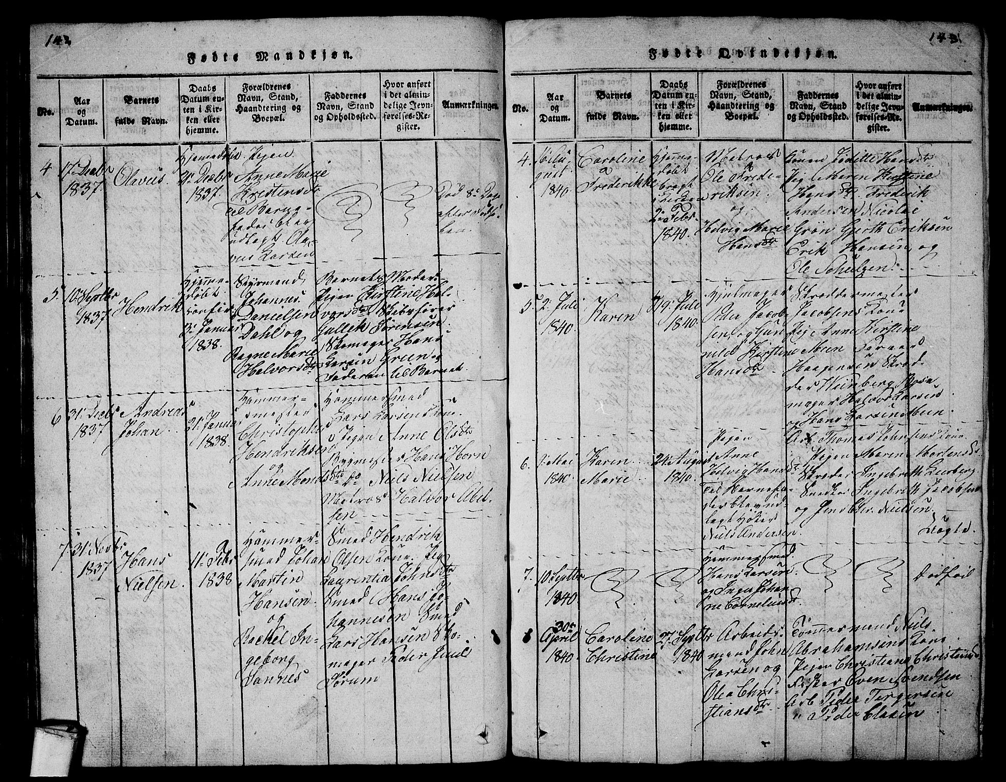 Larvik kirkebøker, SAKO/A-352/G/Gb/L0001: Parish register (copy) no. II 1, 1818-1843, p. 142-143