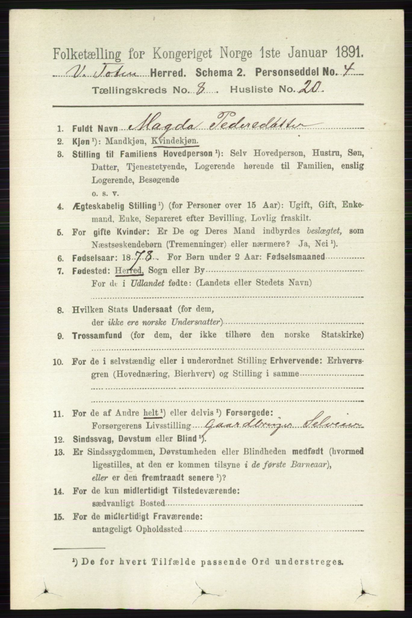 RA, 1891 census for 0529 Vestre Toten, 1891, p. 5115