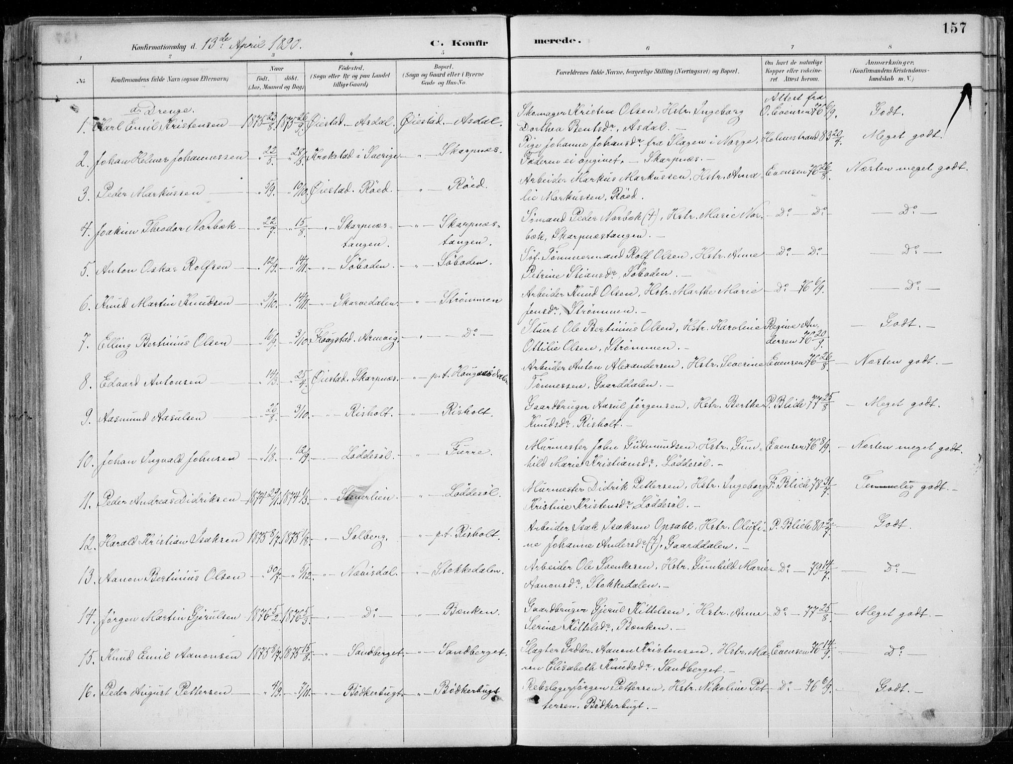 Øyestad sokneprestkontor, SAK/1111-0049/F/Fa/L0017: Parish register (official) no. A 17, 1887-1896, p. 157