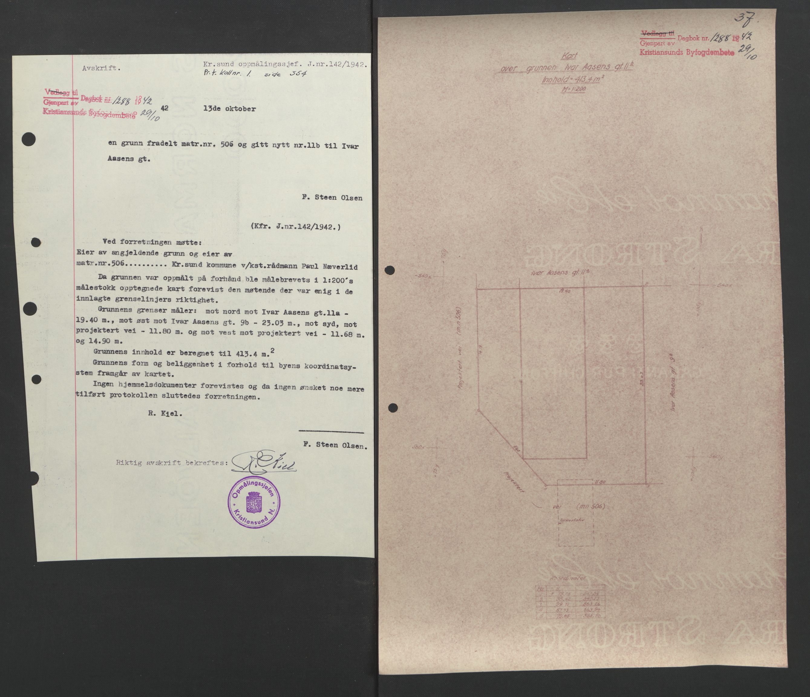 Kristiansund byfogd, AV/SAT-A-4587/A/27: Mortgage book no. 37, 1942-1945, Diary no: : 1288/1942