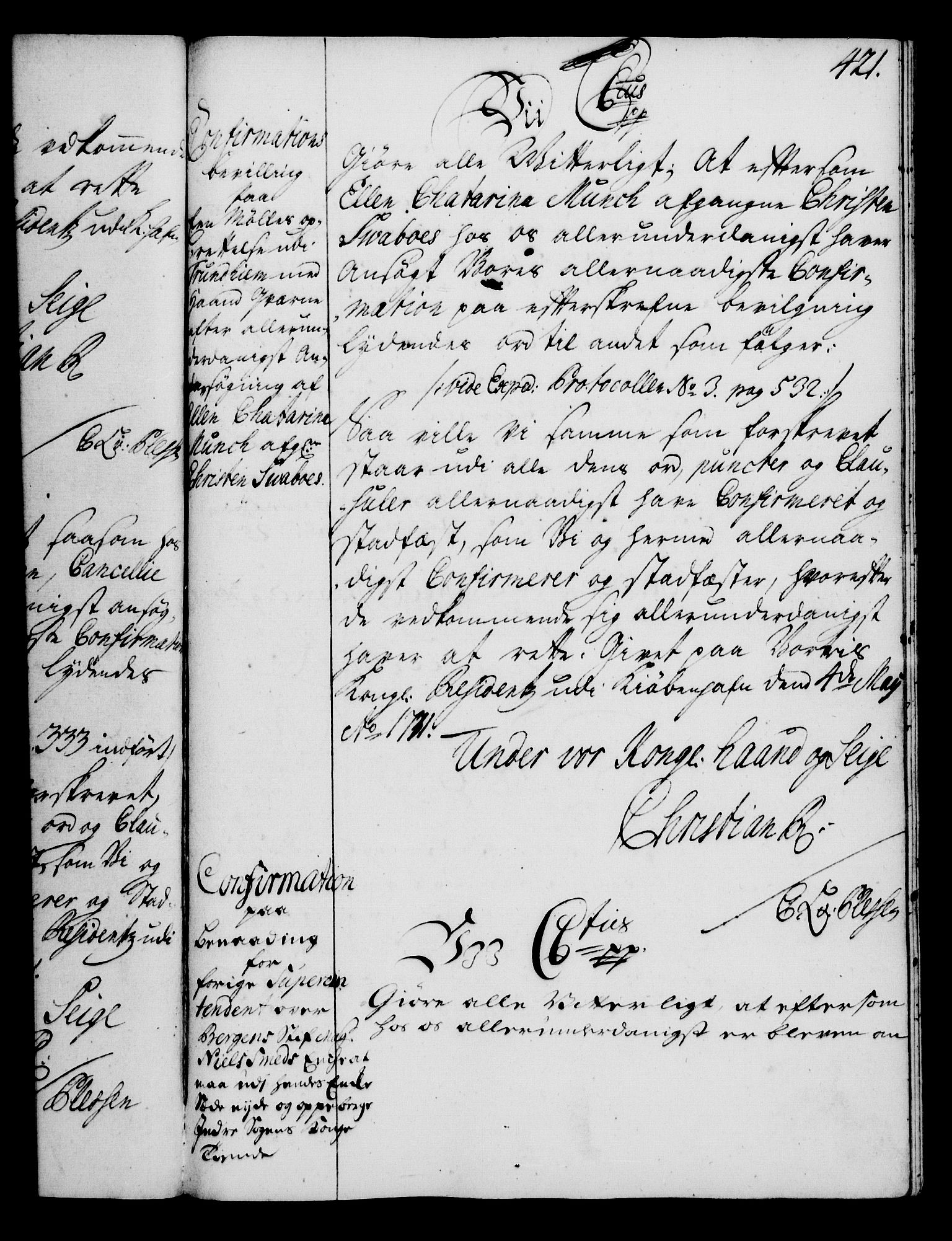 Rentekammeret, Kammerkanselliet, RA/EA-3111/G/Gg/Gga/L0003: Norsk ekspedisjonsprotokoll med register (merket RK 53.3), 1727-1734, p. 421