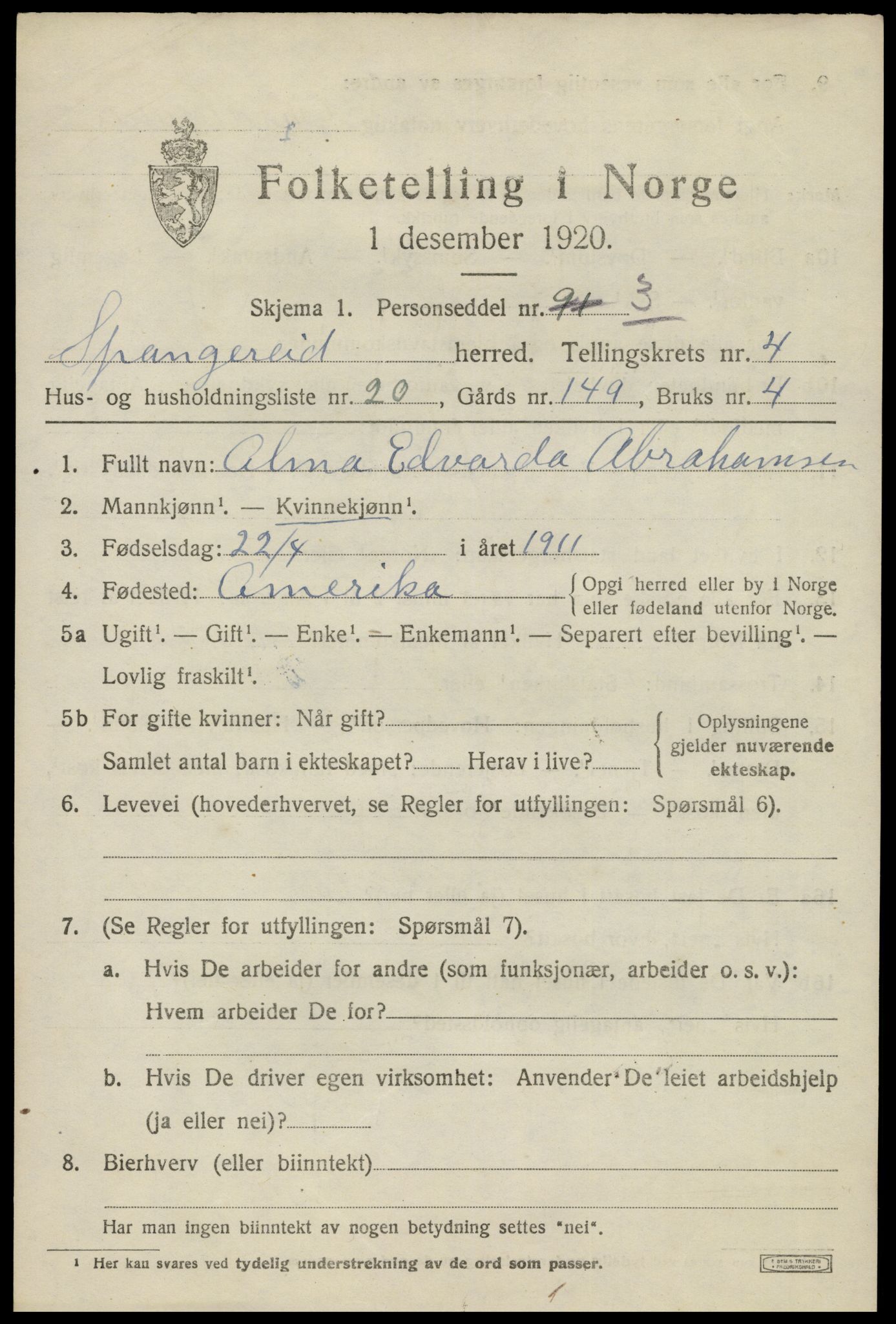 SAK, 1920 census for Spangereid, 1920, p. 1699