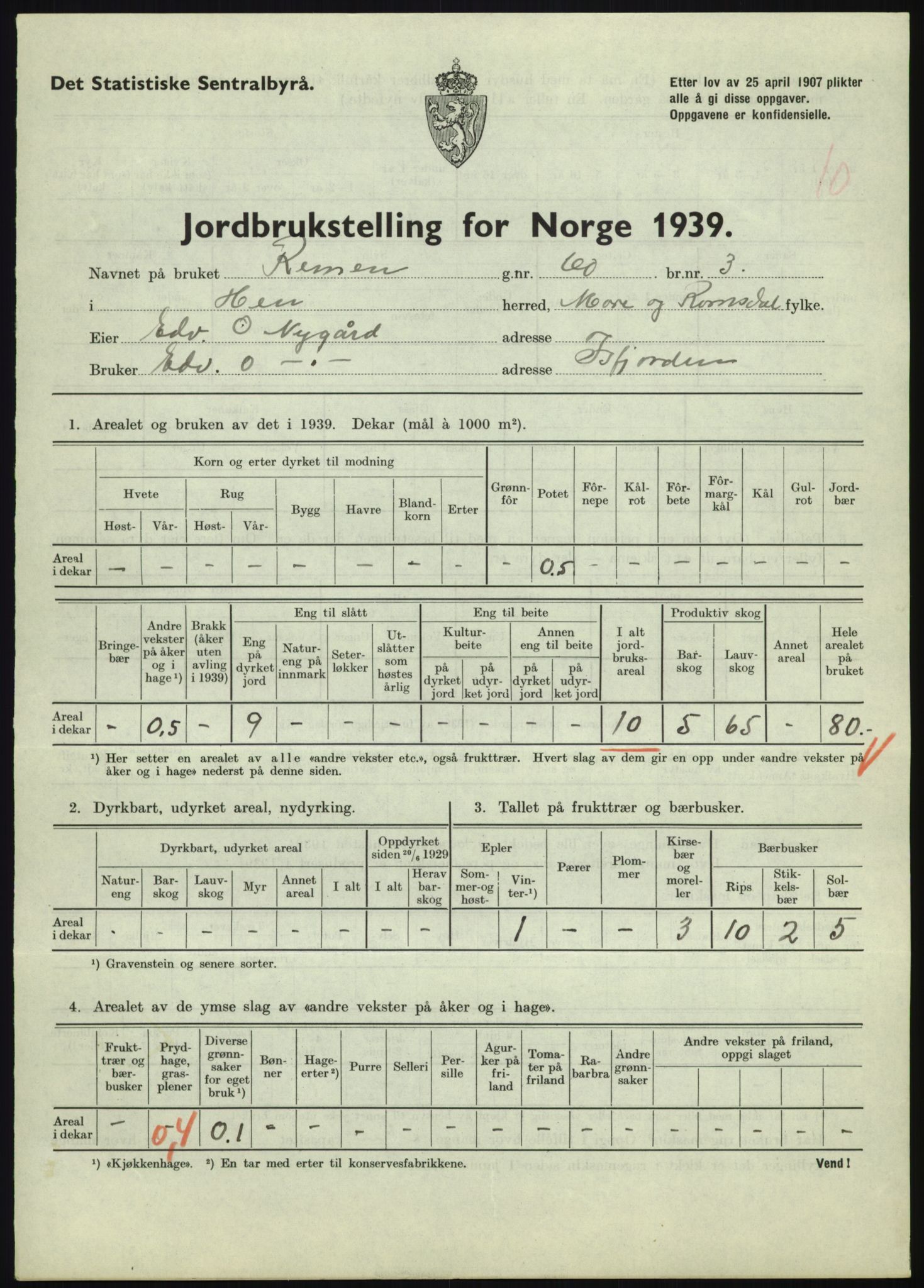 Statistisk sentralbyrå, Næringsøkonomiske emner, Jordbruk, skogbruk, jakt, fiske og fangst, AV/RA-S-2234/G/Gb/L0251: Møre og Romsdal: Voll, Eid, Grytten og Hen, 1939, p. 1093