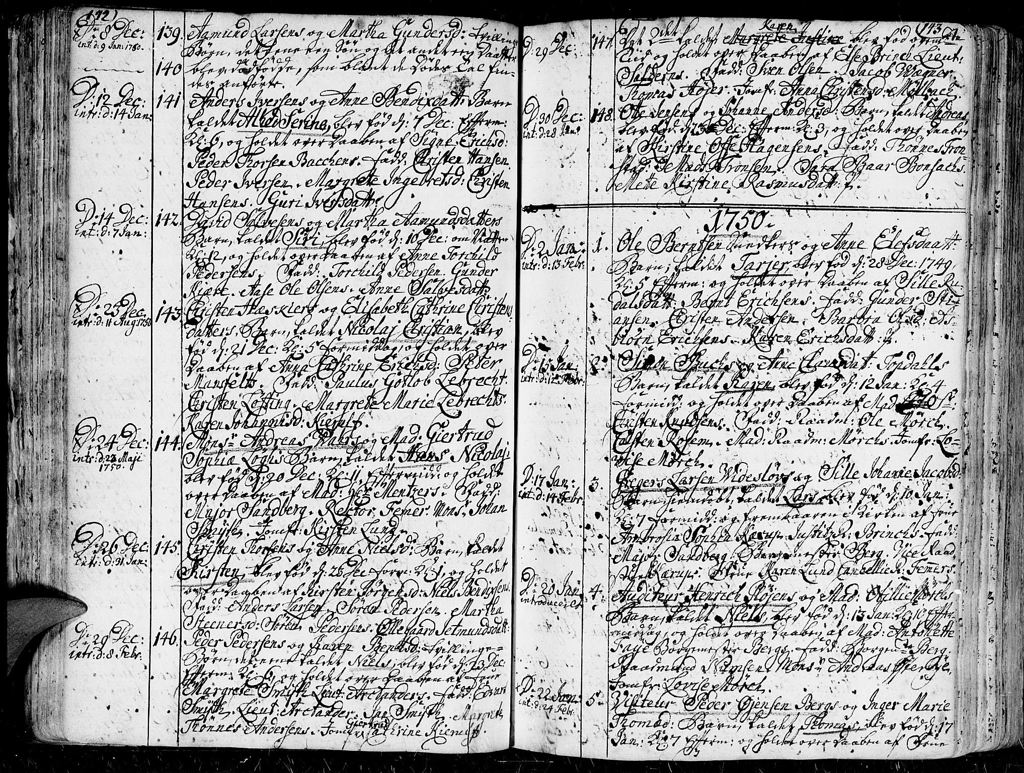 Kristiansand domprosti, SAK/1112-0006/F/Fa/L0001: Parish register (official) no. A 1, 1734-1793, p. 142-143