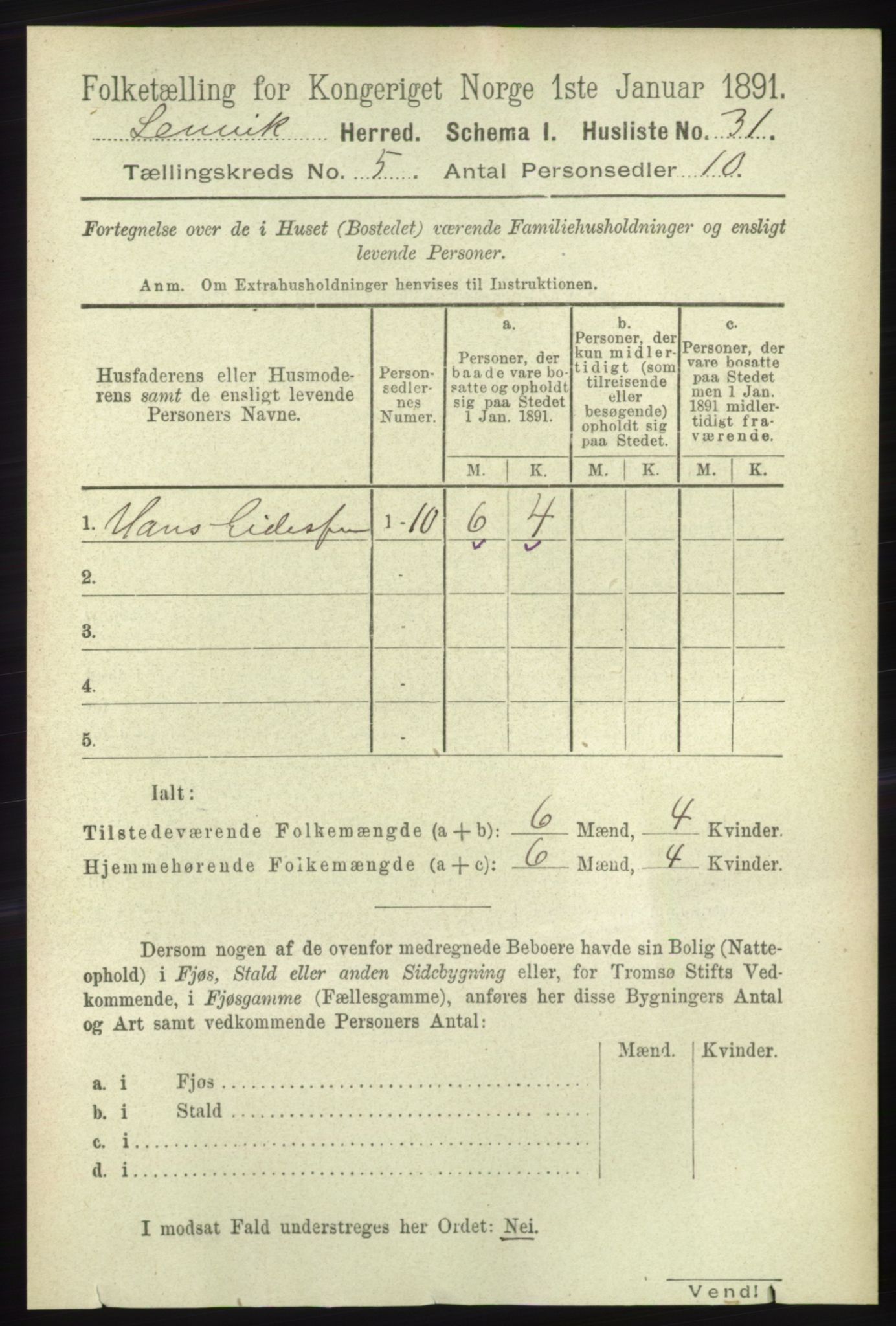 RA, 1891 census for 1931 Lenvik, 1891, p. 2490