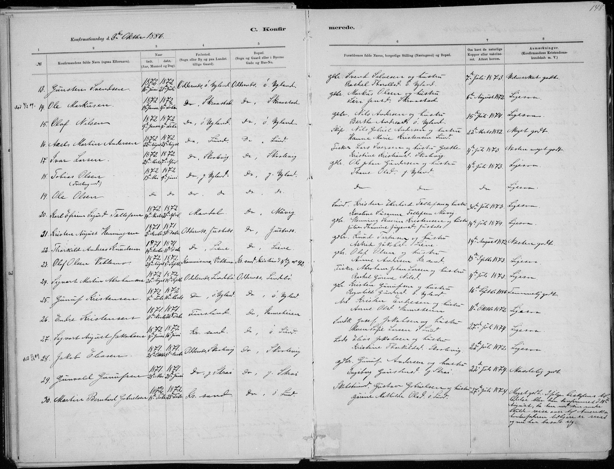 Oddernes sokneprestkontor, AV/SAK-1111-0033/F/Fa/Faa/L0009: Parish register (official) no. A 9, 1884-1896, p. 148