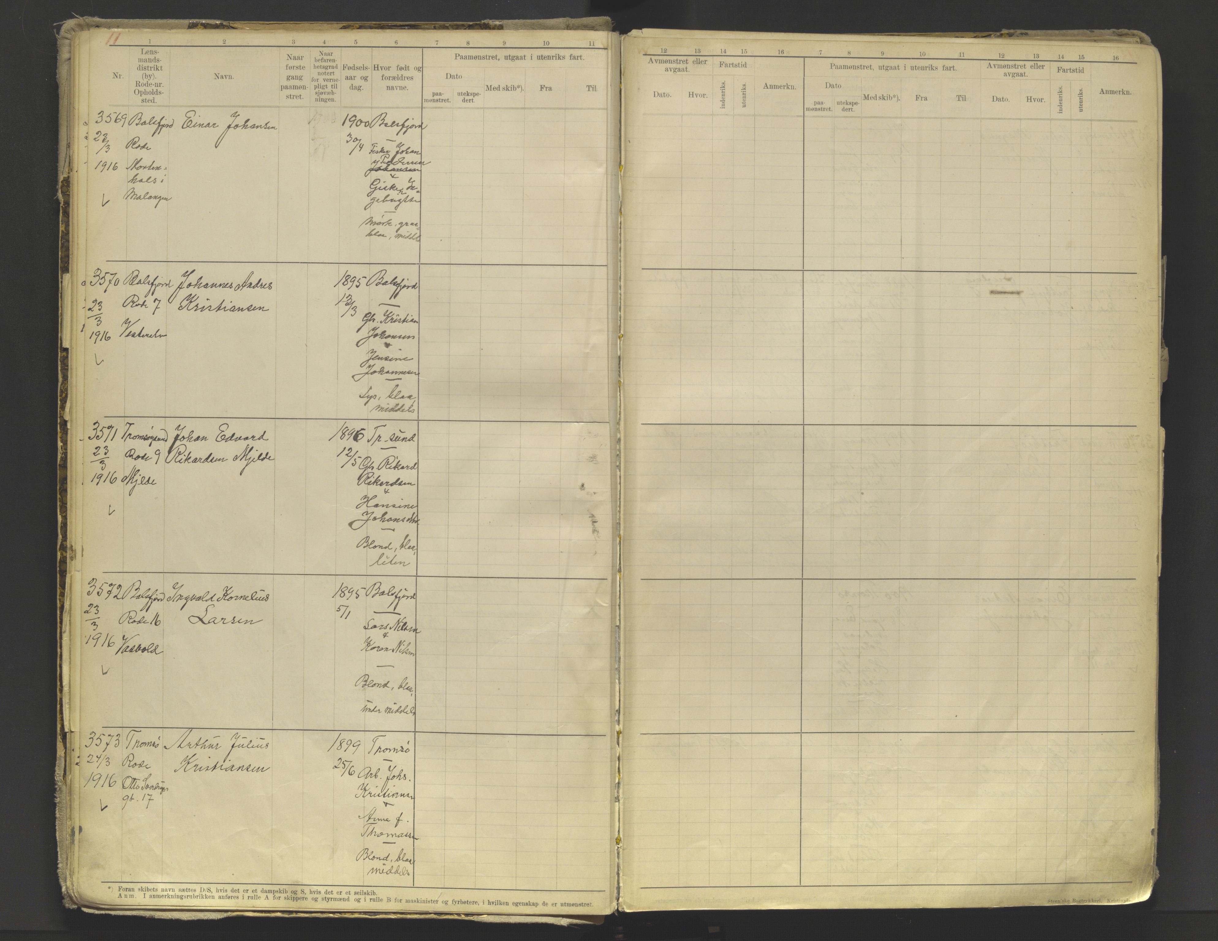 Tromsø sjømannskontor/innrullerings-/mønstringsdistrikt, AV/SATØ-S-0243/F/Fb/L0010: Annotasjonsrulle. Defekt: løs innbinding. Nr. 3519-4972, 1916-1920