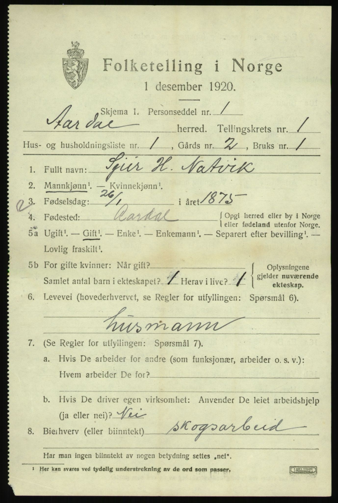 SAB, 1920 census for Årdal, 1920, p. 503