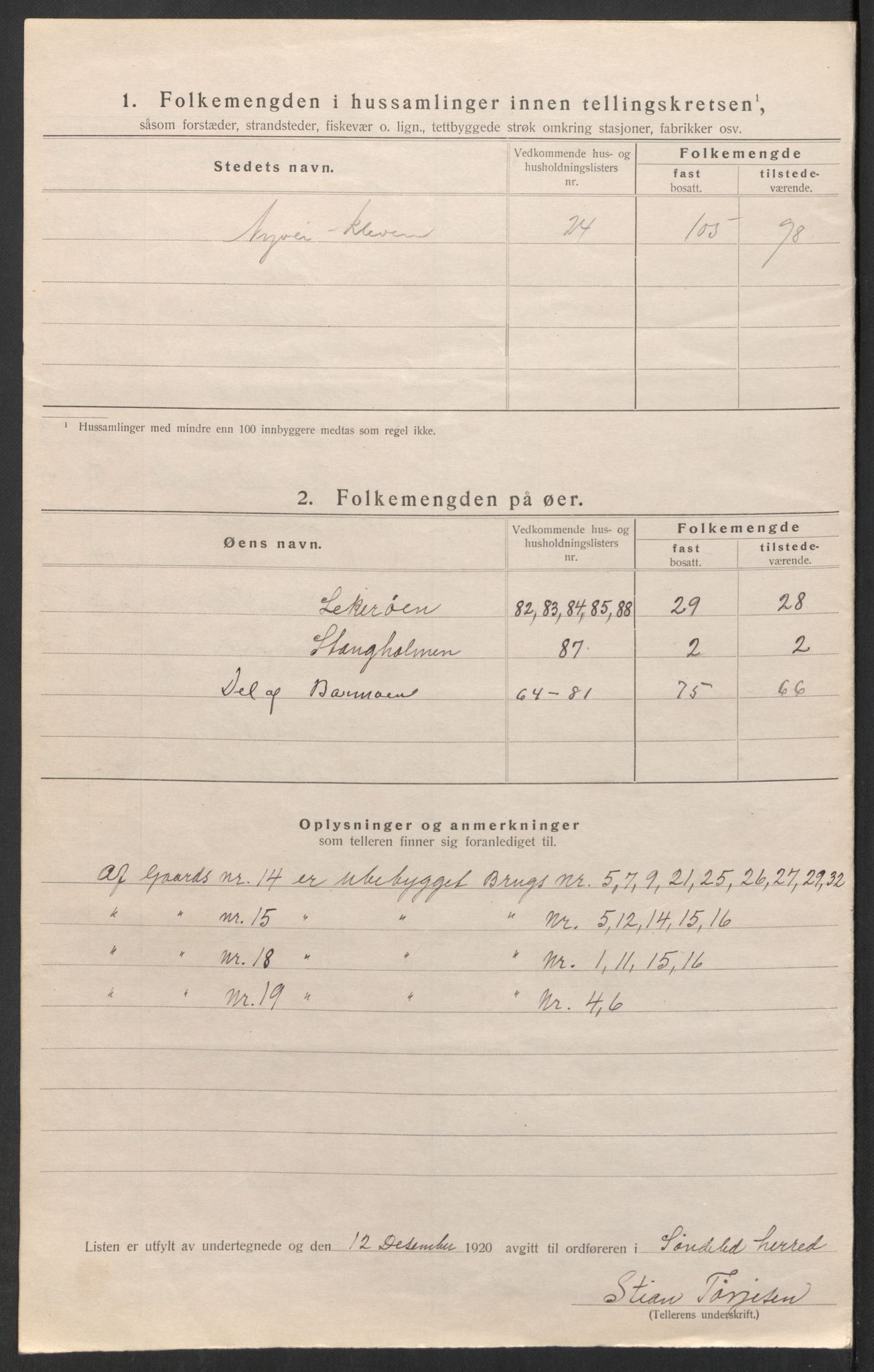 SAK, 1920 census for Søndeled, 1920, p. 20