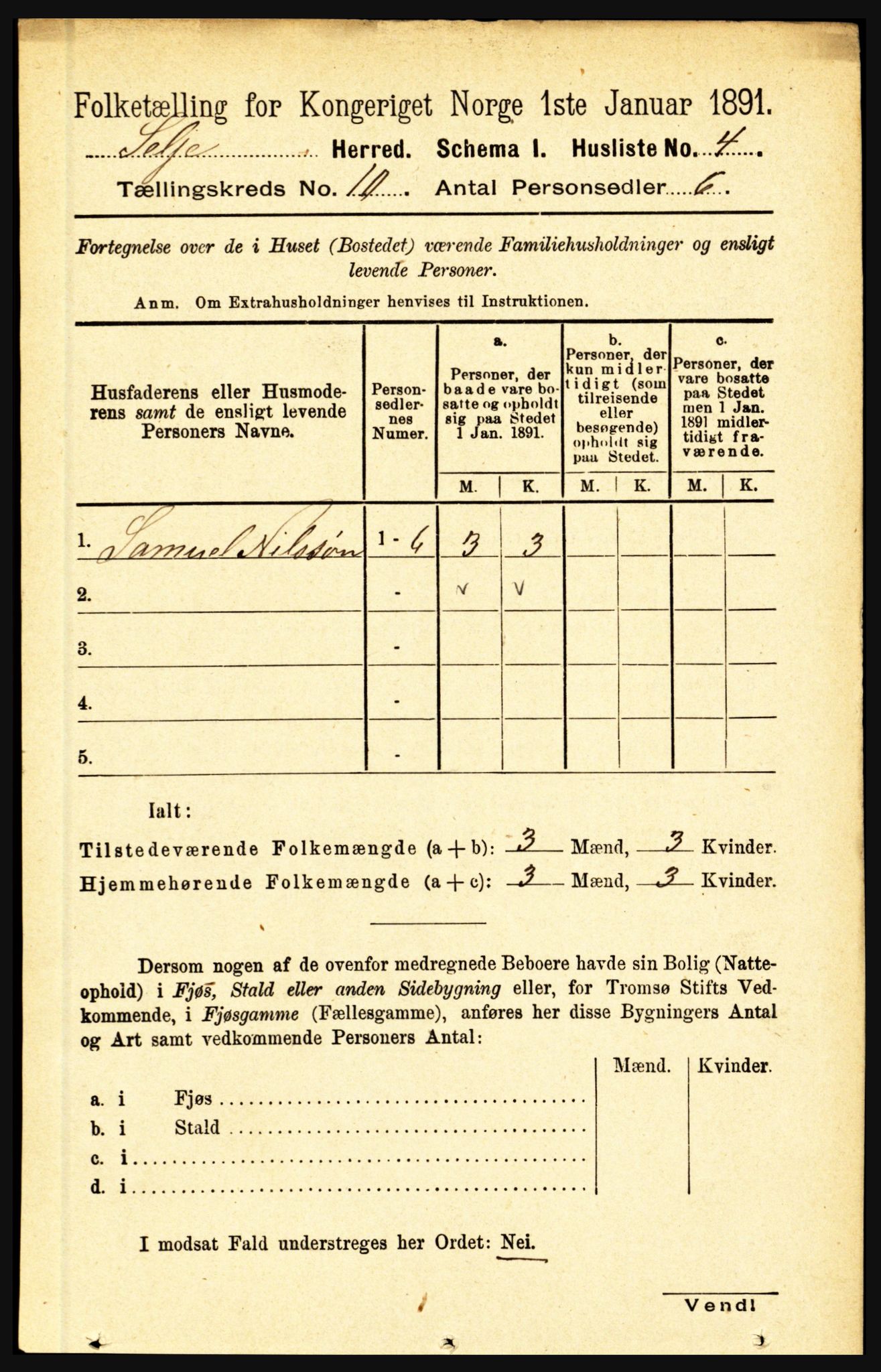 RA, 1891 census for 1441 Selje, 1891, p. 3039