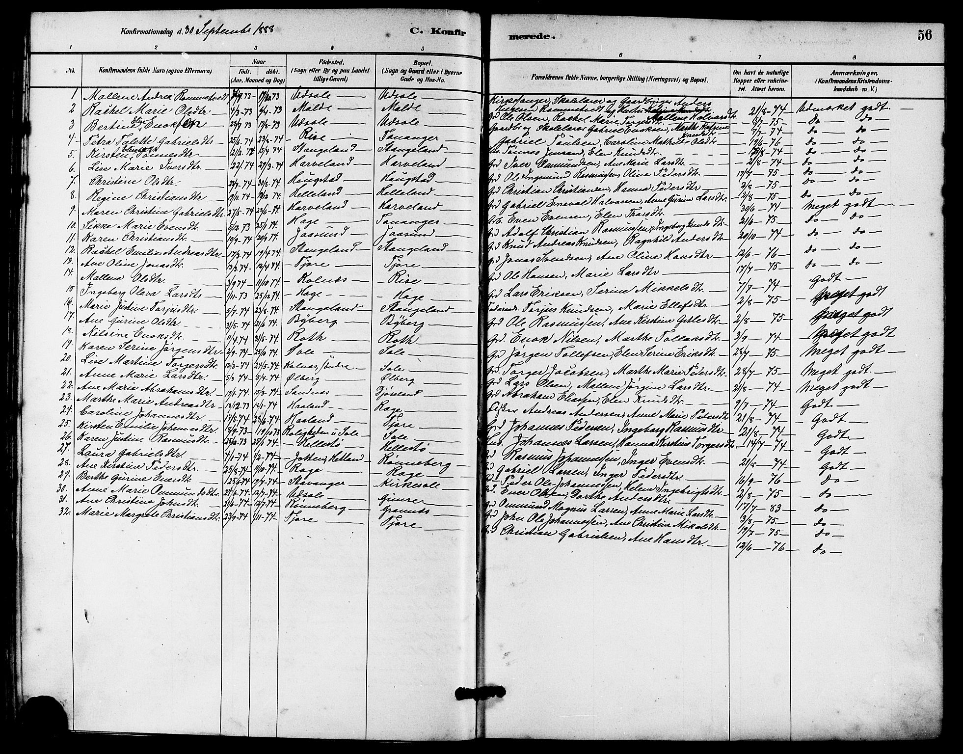 Håland sokneprestkontor, AV/SAST-A-101802/001/30BA/L0010: Parish register (official) no. A 9, 1883-1888, p. 56