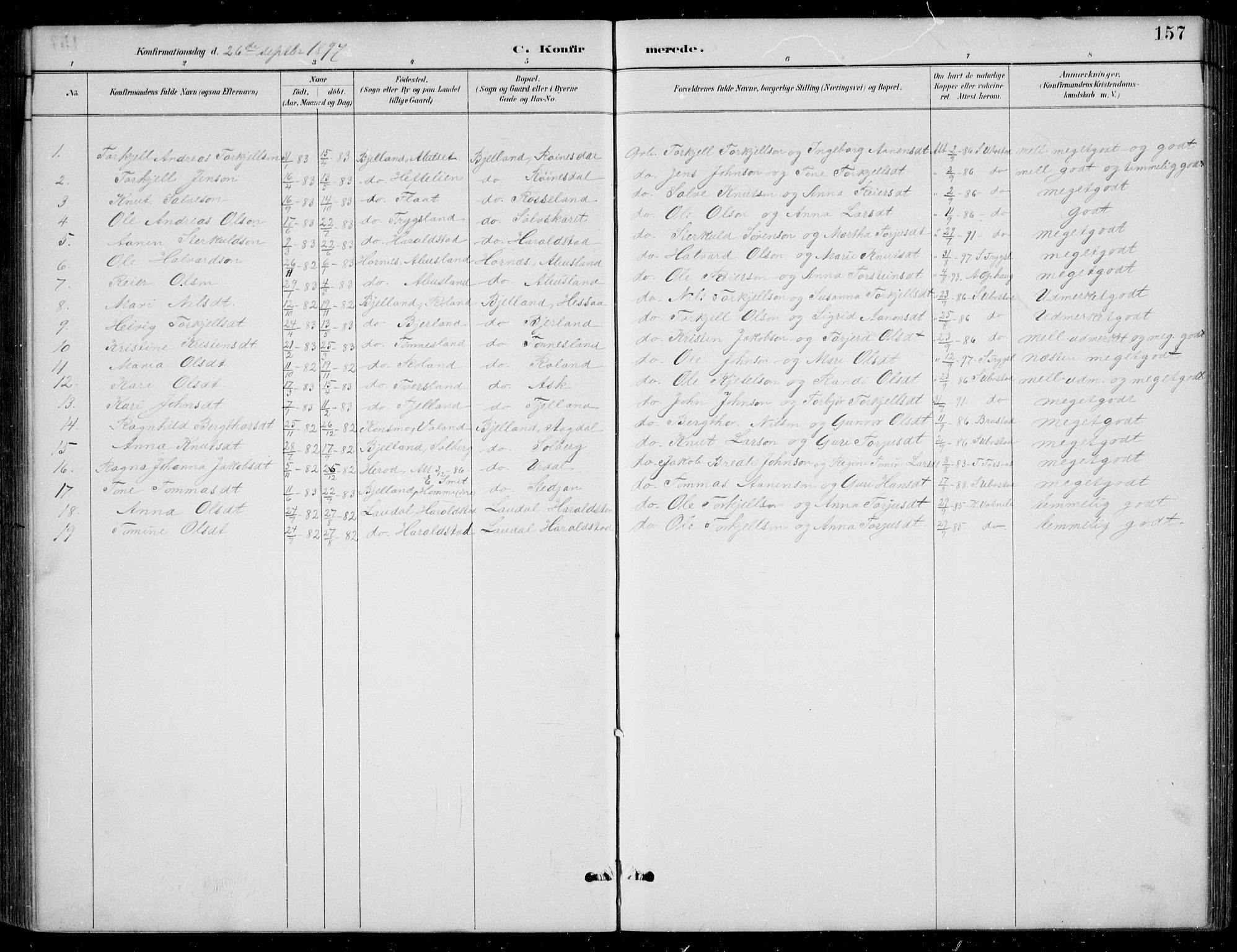 Bjelland sokneprestkontor, SAK/1111-0005/F/Fb/Fba/L0005: Parish register (copy) no. B 5, 1887-1923, p. 157