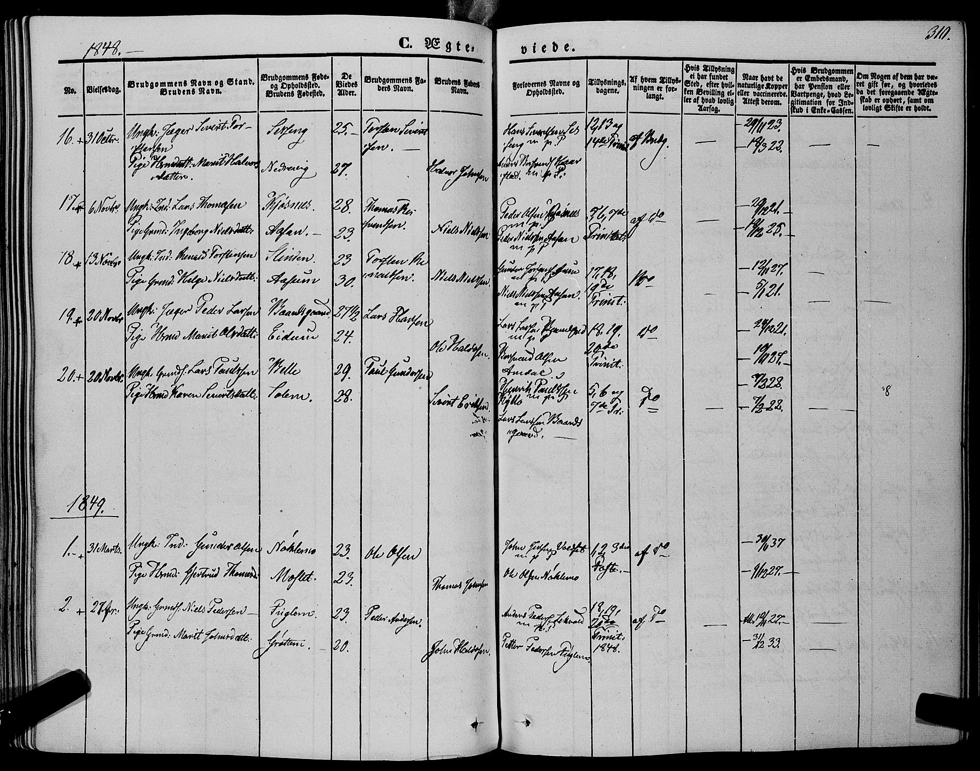 Ministerialprotokoller, klokkerbøker og fødselsregistre - Sør-Trøndelag, SAT/A-1456/695/L1145: Parish register (official) no. 695A06 /1, 1843-1859, p. 310