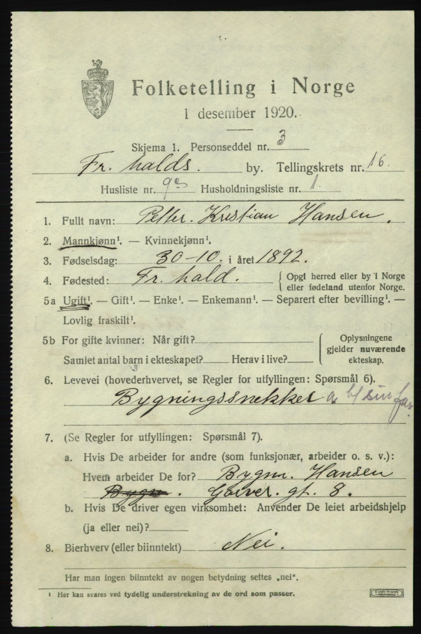 SAO, 1920 census for Fredrikshald, 1920, p. 25133