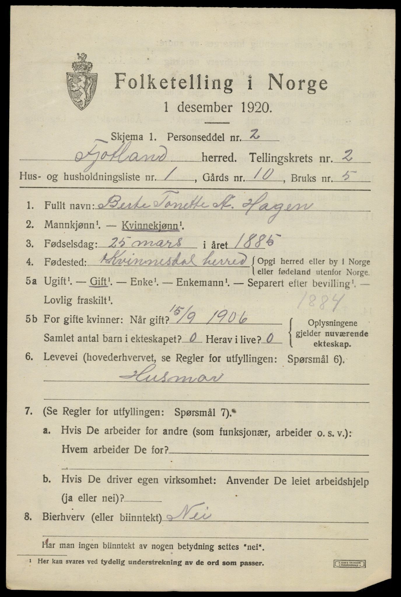 SAK, 1920 census for Fjotland, 1920, p. 686