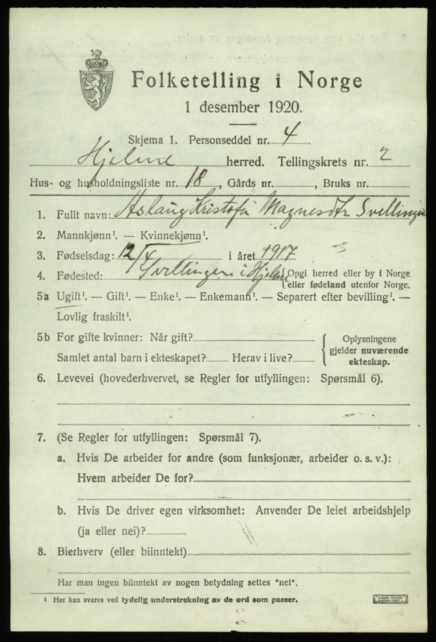 SAB, 1920 census for Hjelme, 1920, p. 1300