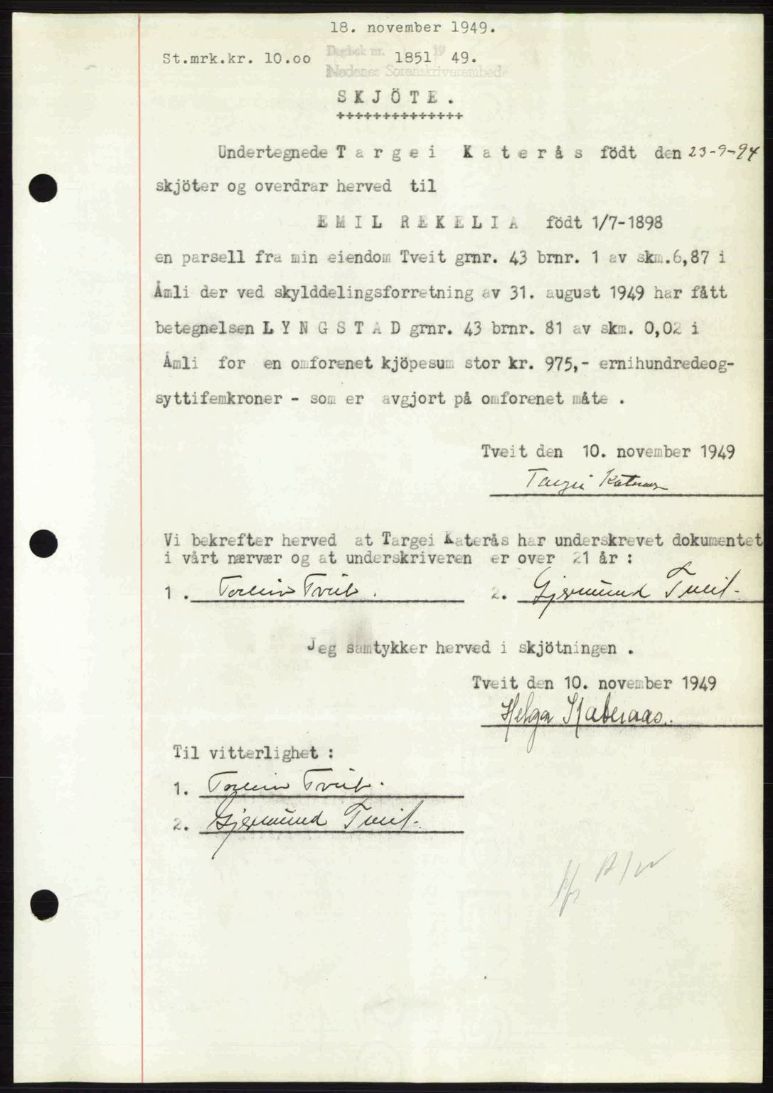 Nedenes sorenskriveri, SAK/1221-0006/G/Gb/Gba/L0061: Mortgage book no. A13, 1949-1949, Diary no: : 1851/1949