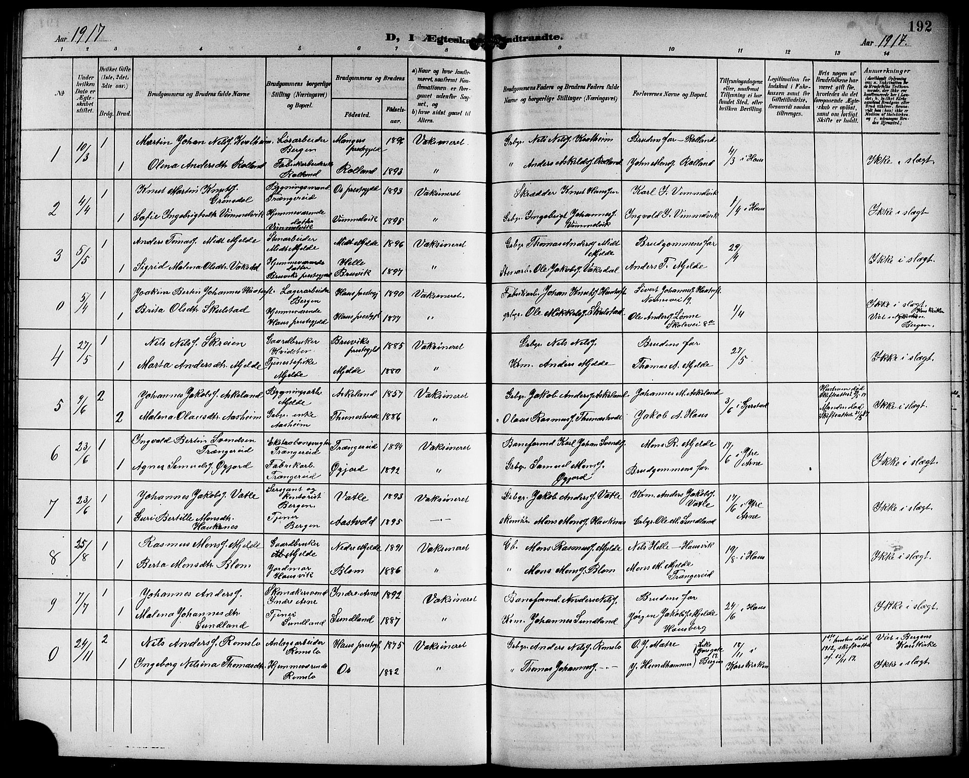 Haus sokneprestembete, SAB/A-75601/H/Hab: Parish register (copy) no. B 4, 1900-1921, p. 192