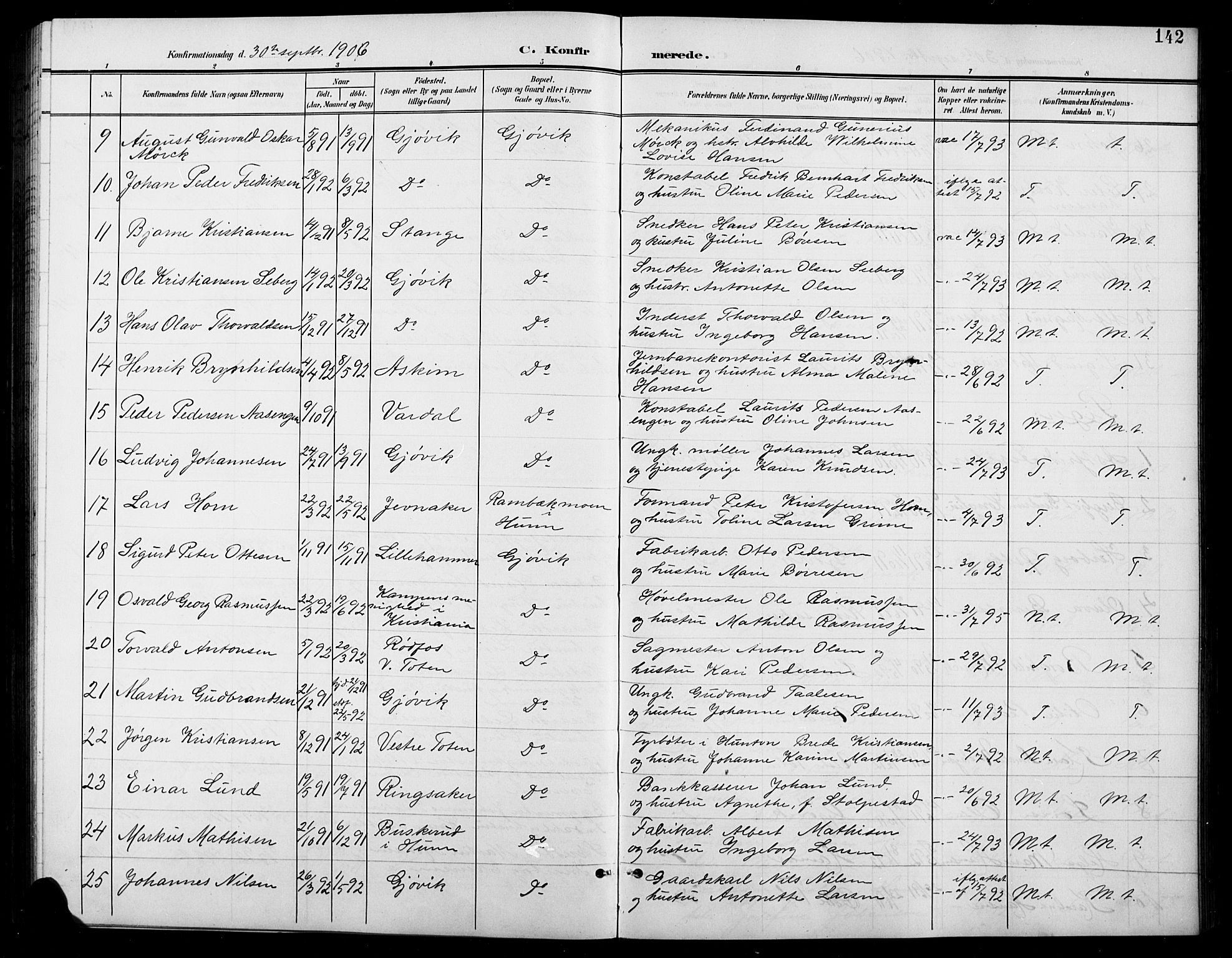Vardal prestekontor, SAH/PREST-100/H/Ha/Hab/L0012: Parish register (copy) no. 12, 1902-1911, p. 142