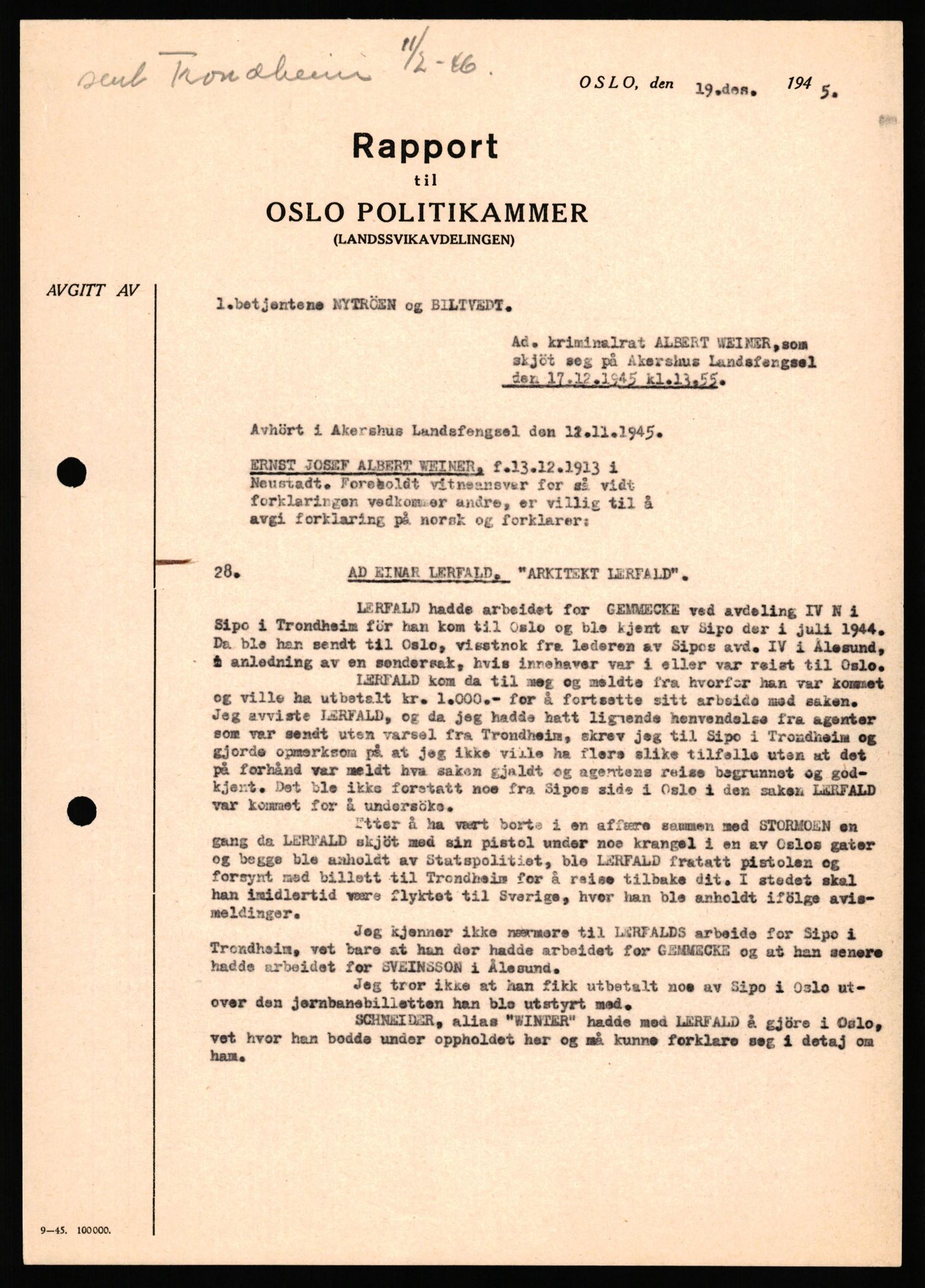 Forsvaret, Forsvarets overkommando II, AV/RA-RAFA-3915/D/Db/L0035: CI Questionaires. Tyske okkupasjonsstyrker i Norge. Tyskere., 1945-1946, p. 263