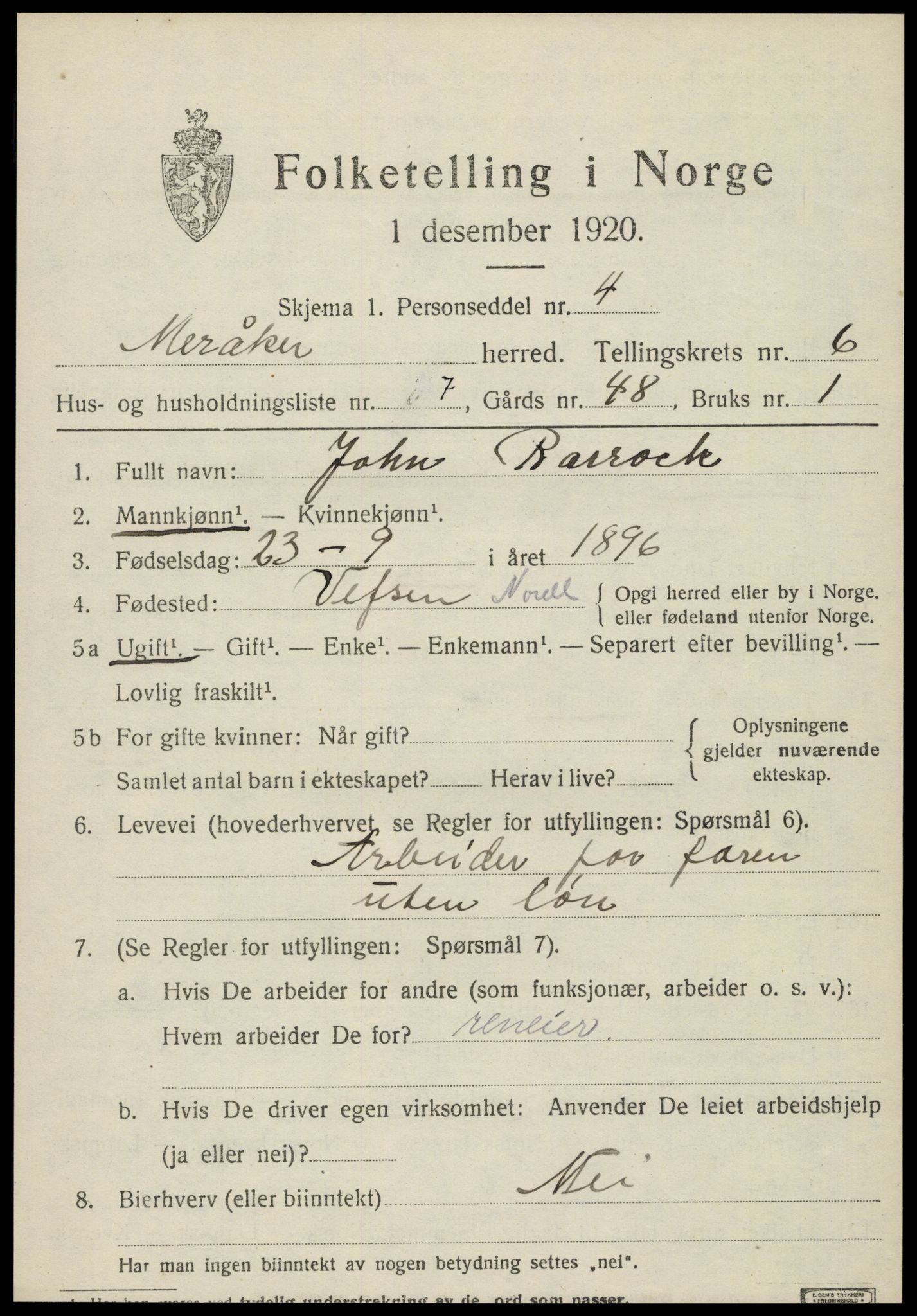 SAT, 1920 census for Meråker, 1920, p. 4614