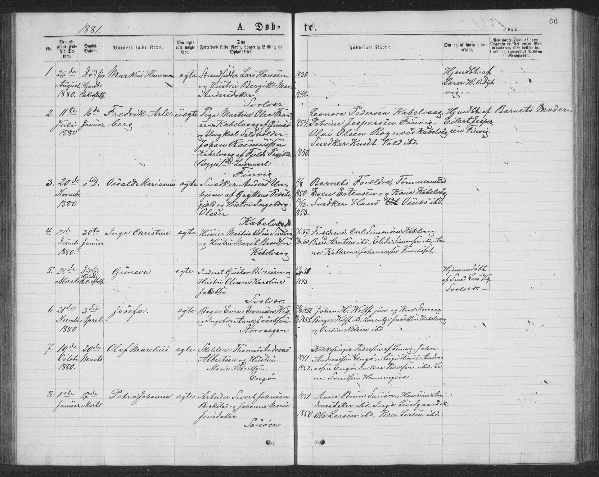 Ministerialprotokoller, klokkerbøker og fødselsregistre - Nordland, AV/SAT-A-1459/874/L1075: Parish register (copy) no. 874C04, 1876-1883, p. 66