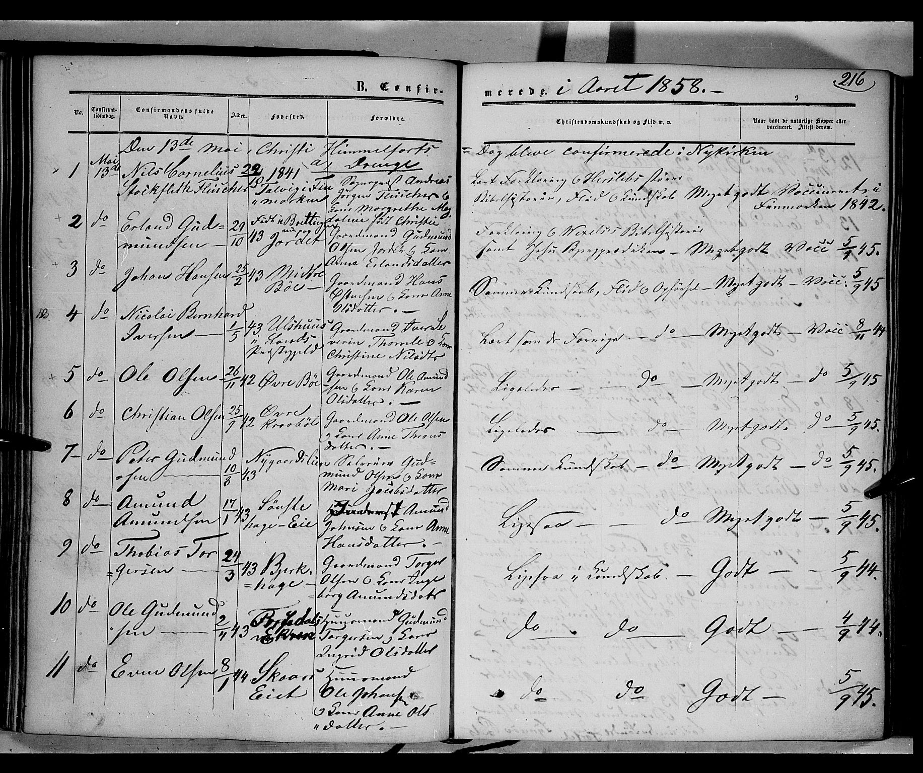 Gausdal prestekontor, SAH/PREST-090/H/Ha/Haa/L0008: Parish register (official) no. 8, 1850-1861, p. 216