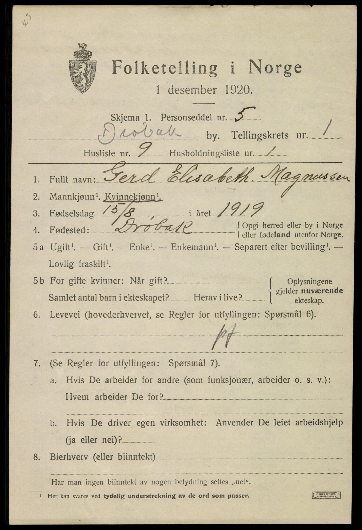 SAO, 1920 census for Drøbak, 1920, p. 2095