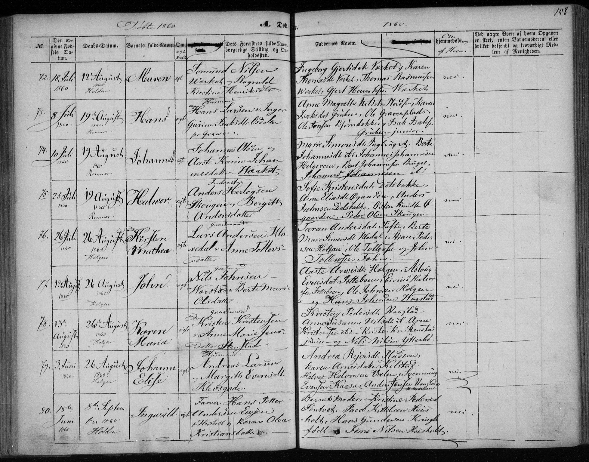 Holla kirkebøker, AV/SAKO-A-272/F/Fa/L0005: Parish register (official) no. 5, 1849-1860, p. 158