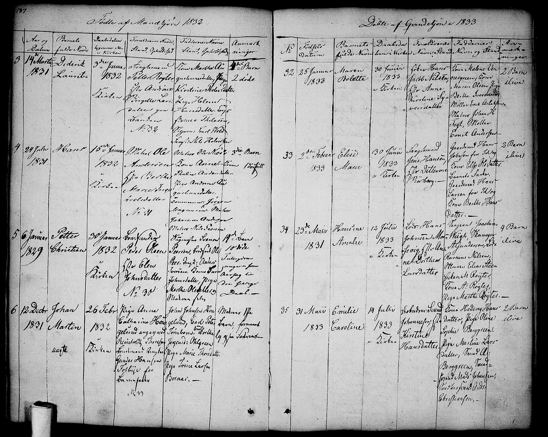 Halden prestekontor Kirkebøker, AV/SAO-A-10909/F/Fa/L0004: Parish register (official) no. I 4, 1823-1834, p. 187