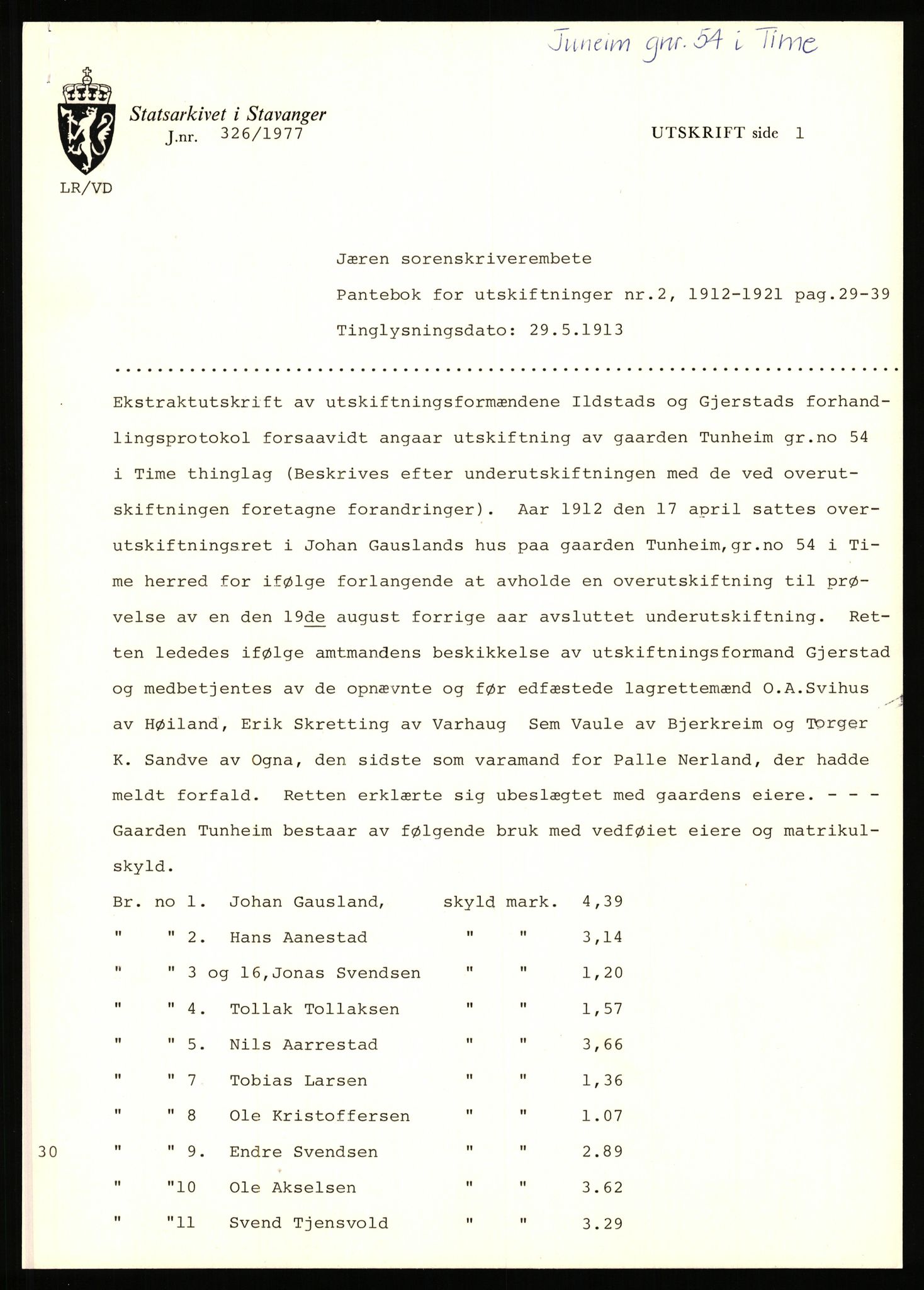 Statsarkivet i Stavanger, SAST/A-101971/03/Y/Yj/L0089: Avskrifter sortert etter gårdsnavn: Tuneim - Tørsdal ved Uglehaugen, 1750-1930, p. 2