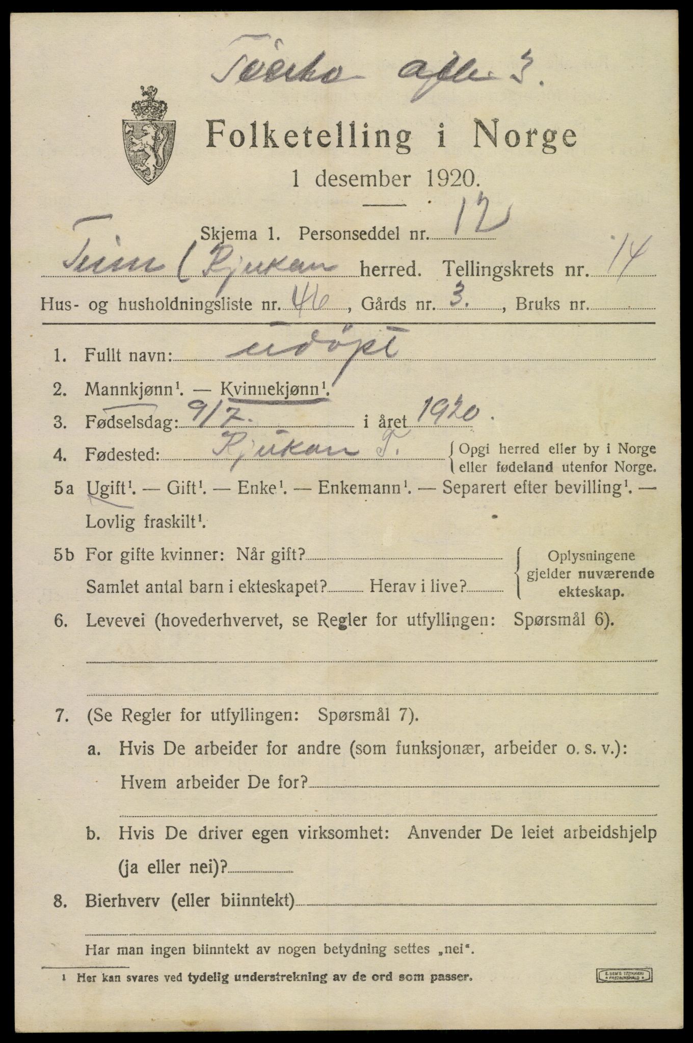 SAKO, 1920 census for Tinn, 1920, p. 10040