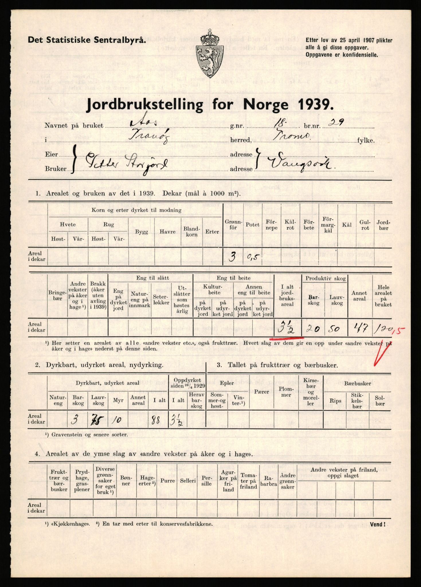 Statistisk sentralbyrå, Næringsøkonomiske emner, Jordbruk, skogbruk, jakt, fiske og fangst, AV/RA-S-2234/G/Gb/L0341: Troms: Sørreisa og Tranøy, 1939, p. 885