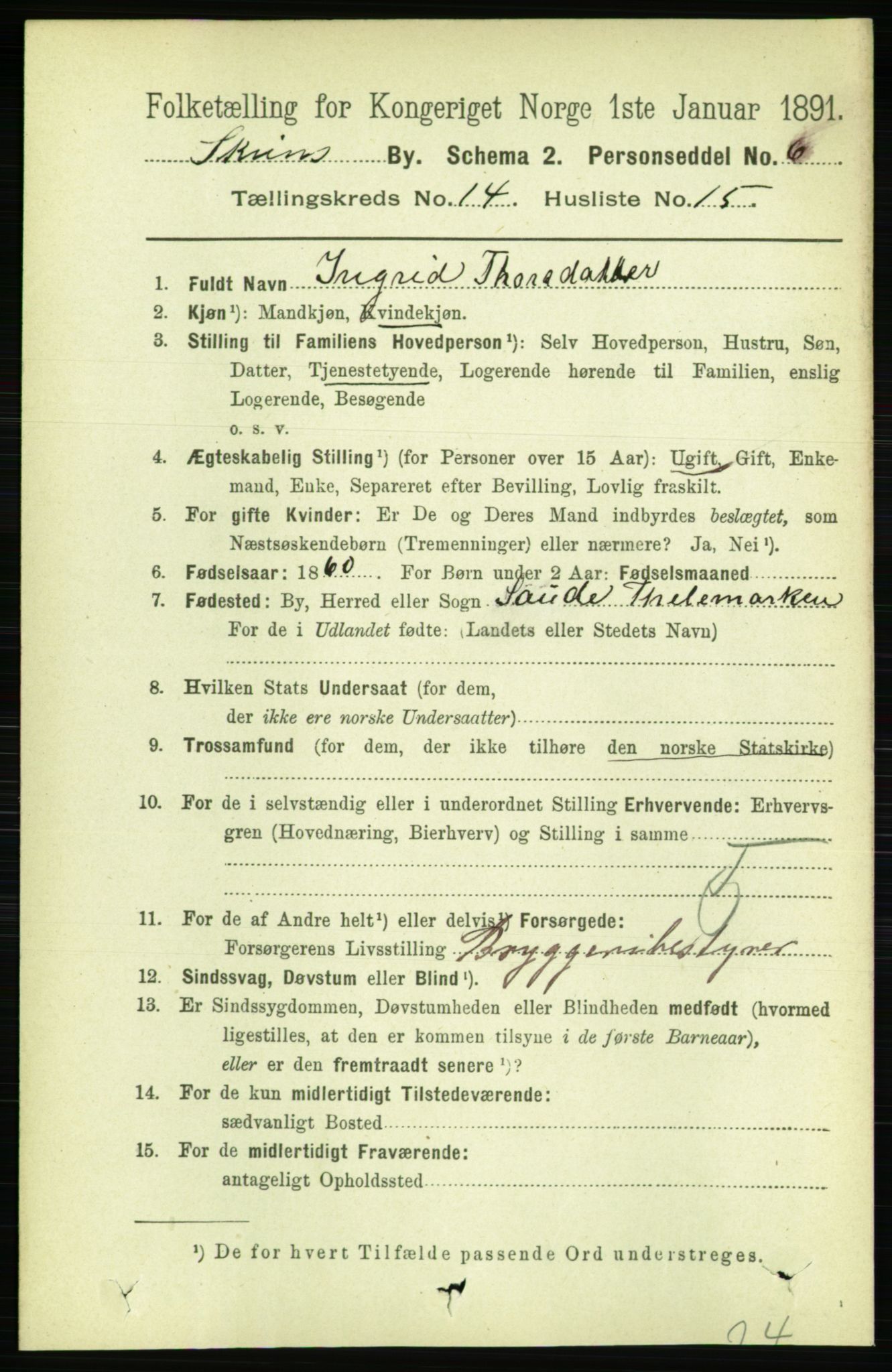 RA, 1891 census for 0806 Skien, 1891, p. 4409